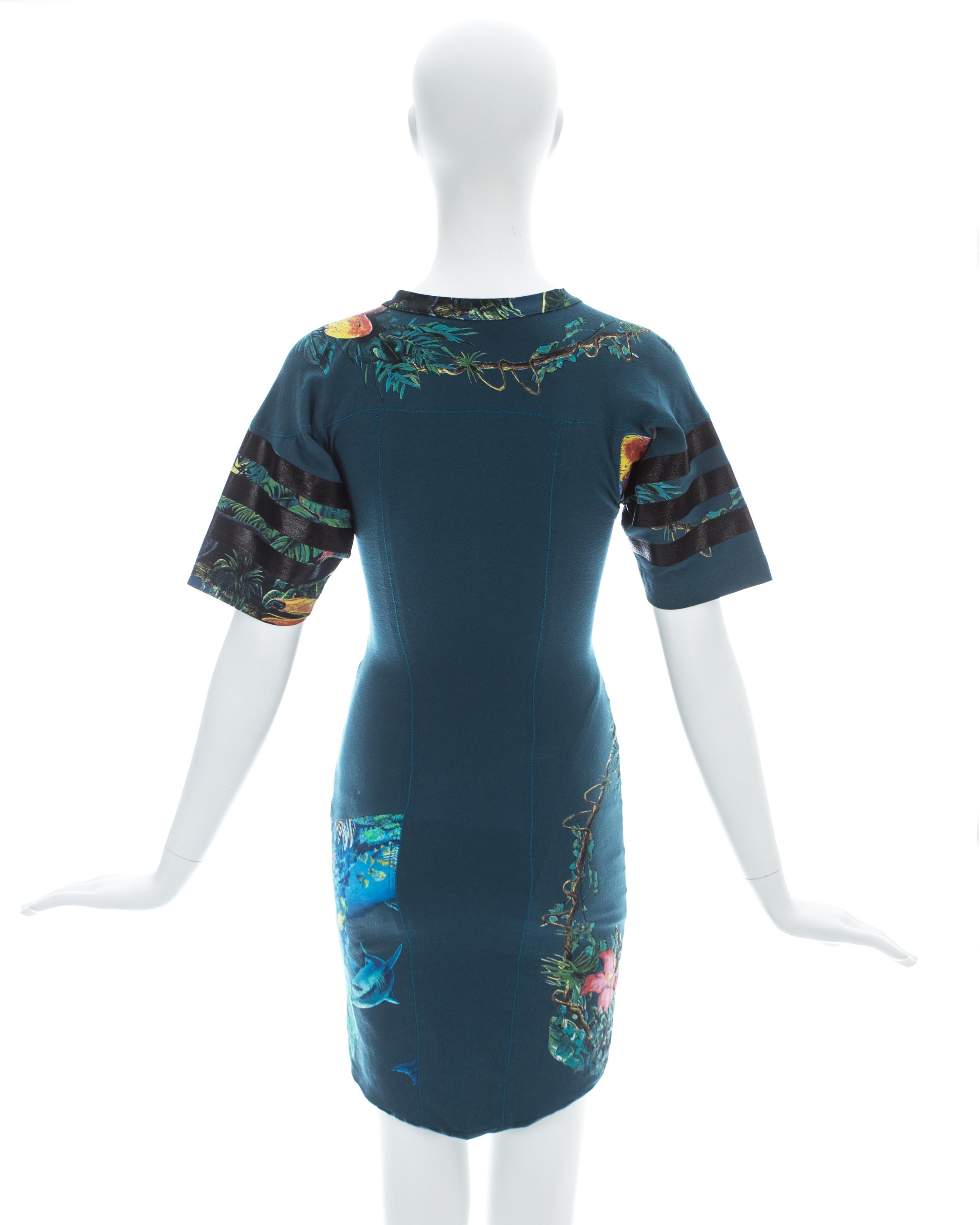 Balenciaga teal cotton mini dress with aquatic and jungle themed print, ss 2003  For Sale 1