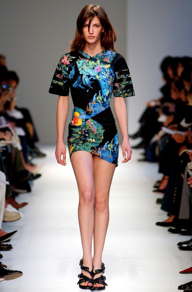 Balenciaga teal cotton mini dress with aquatic and jungle themed print, ss  2003 For Sale at 1stDibs