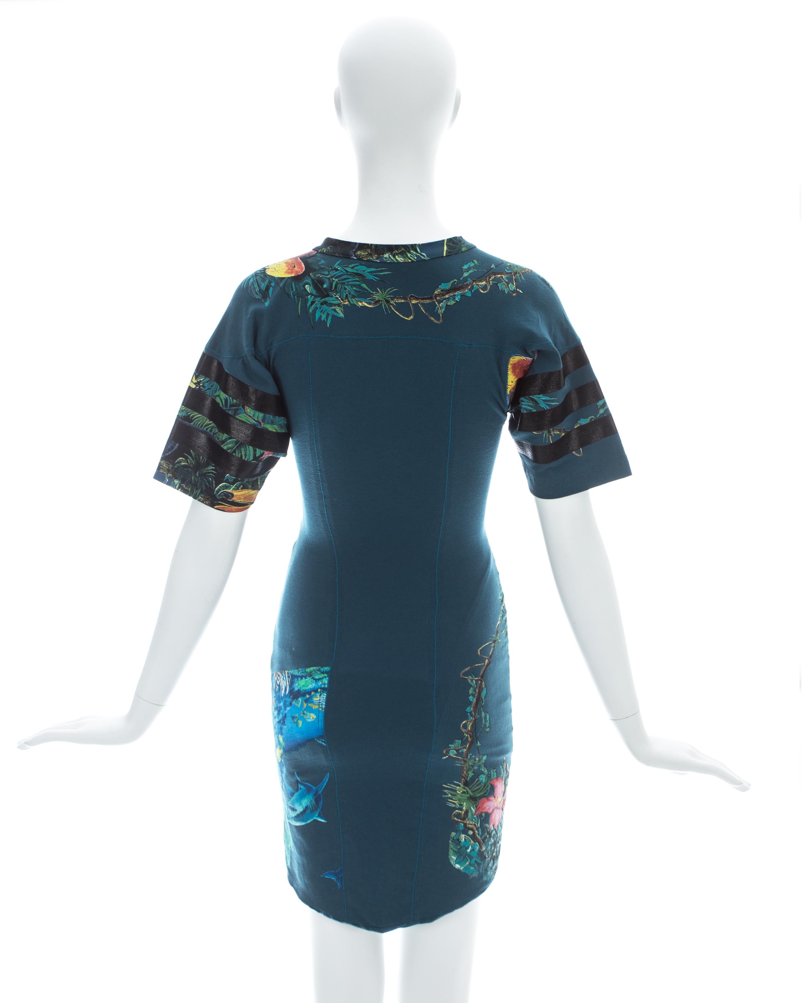 Blue Balenciaga teal cotton mini dress with aquatic and jungle themed print, ss 2003