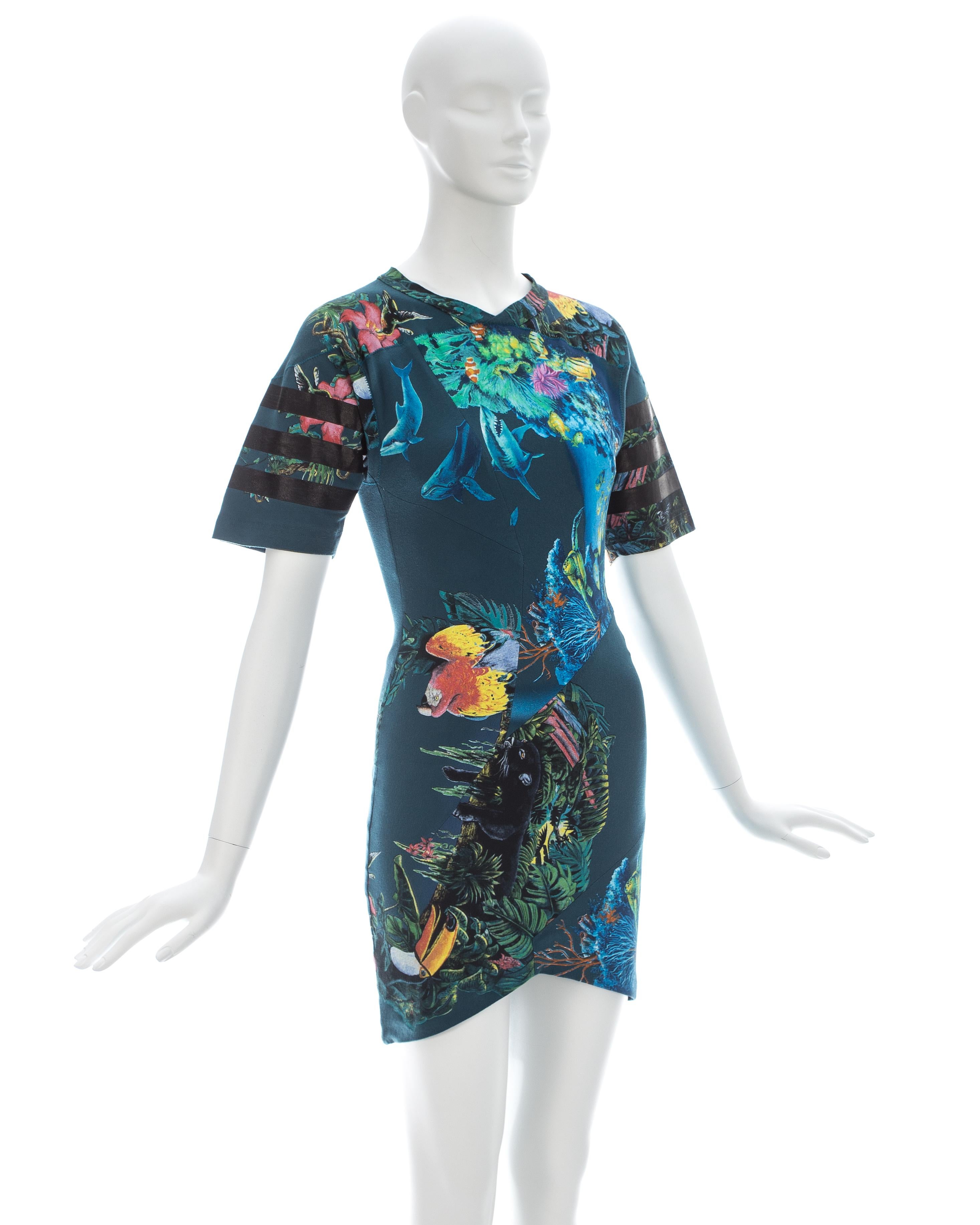 Balenciaga teal cotton mini dress with aquatic and jungle themed print, ss 2003 In Good Condition In London, GB