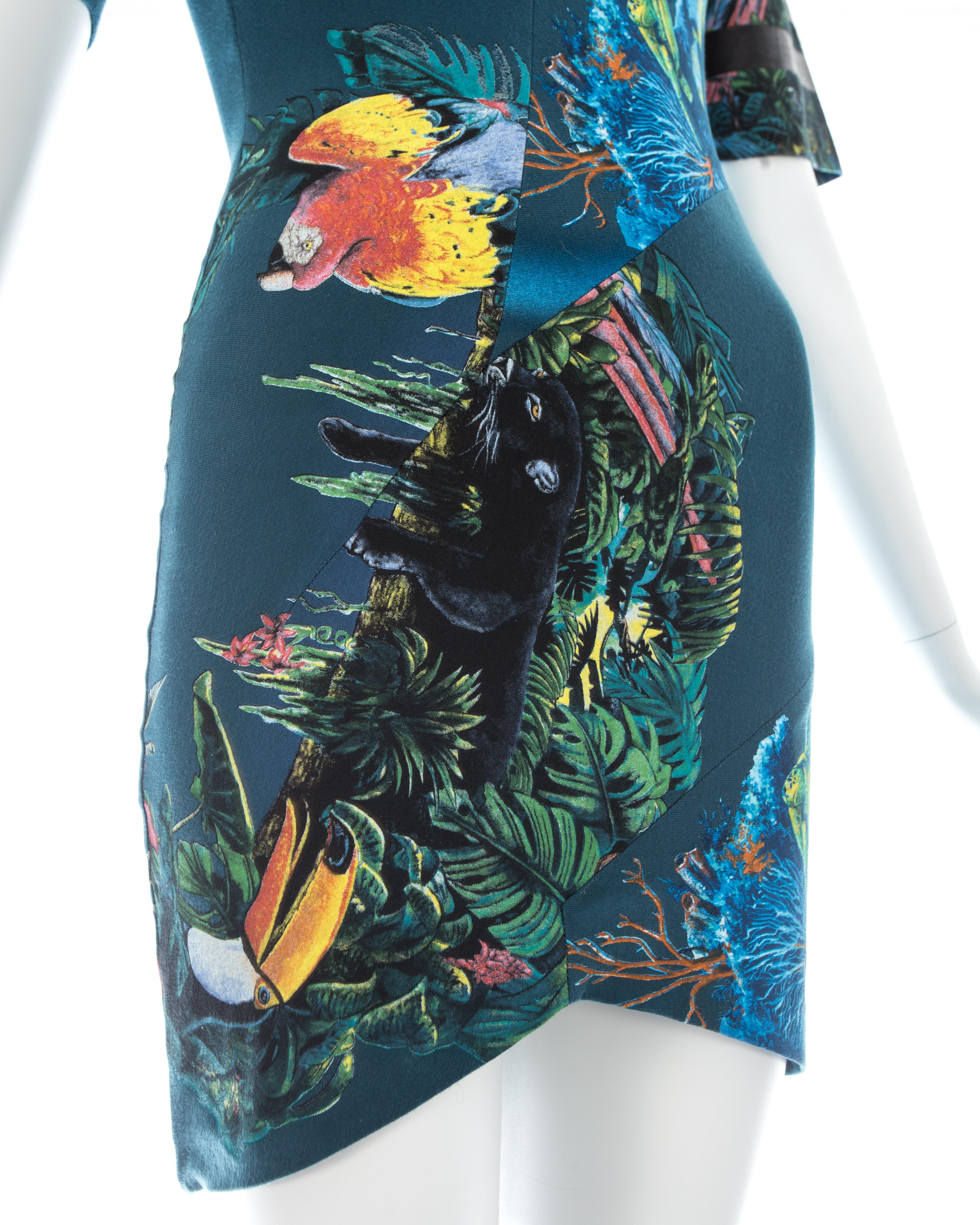 Women's Balenciaga teal cotton mini dress with aquatic and jungle themed print, ss 2003