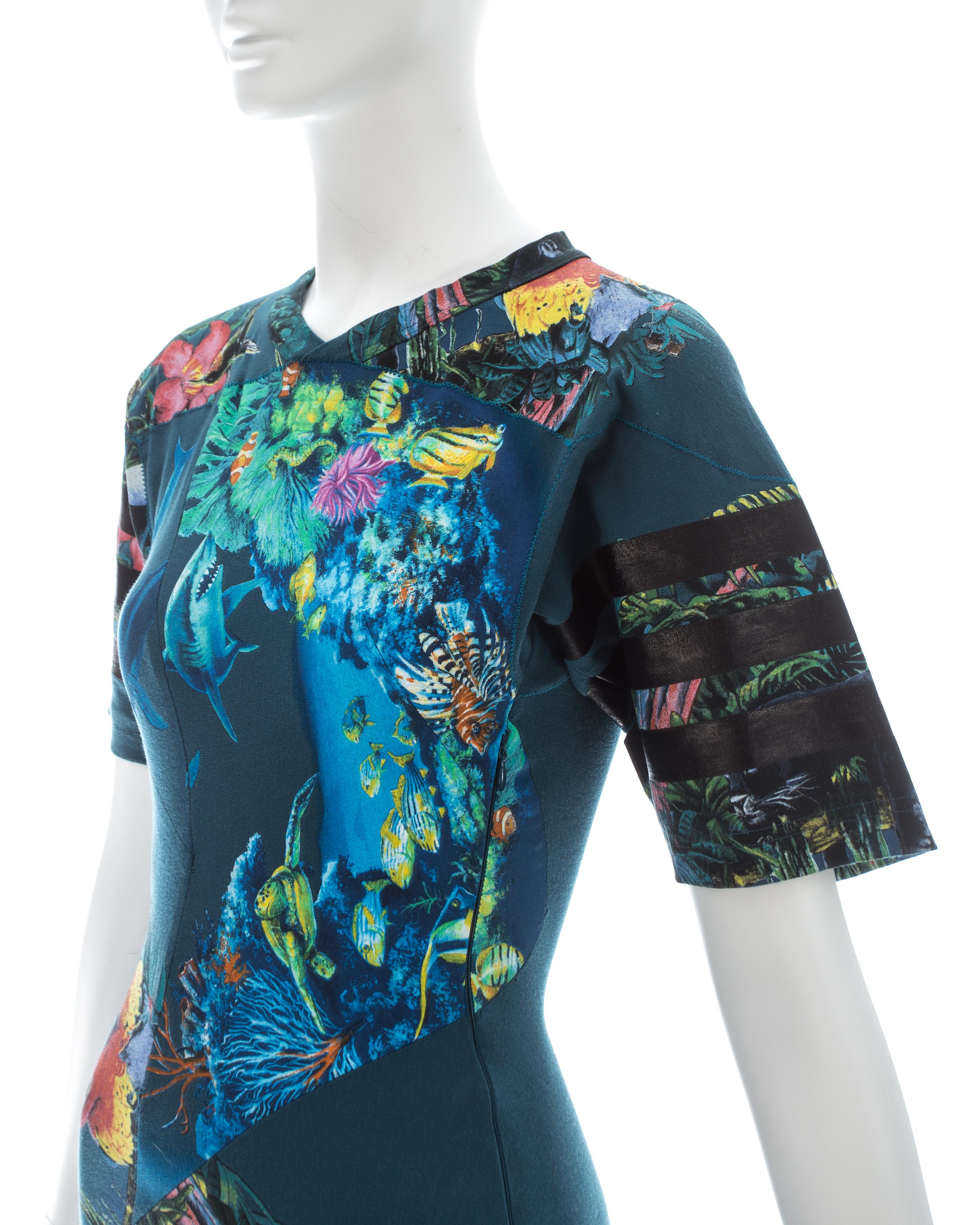Balenciaga teal cotton mini dress with aquatic and jungle themed print, ss 2003 1