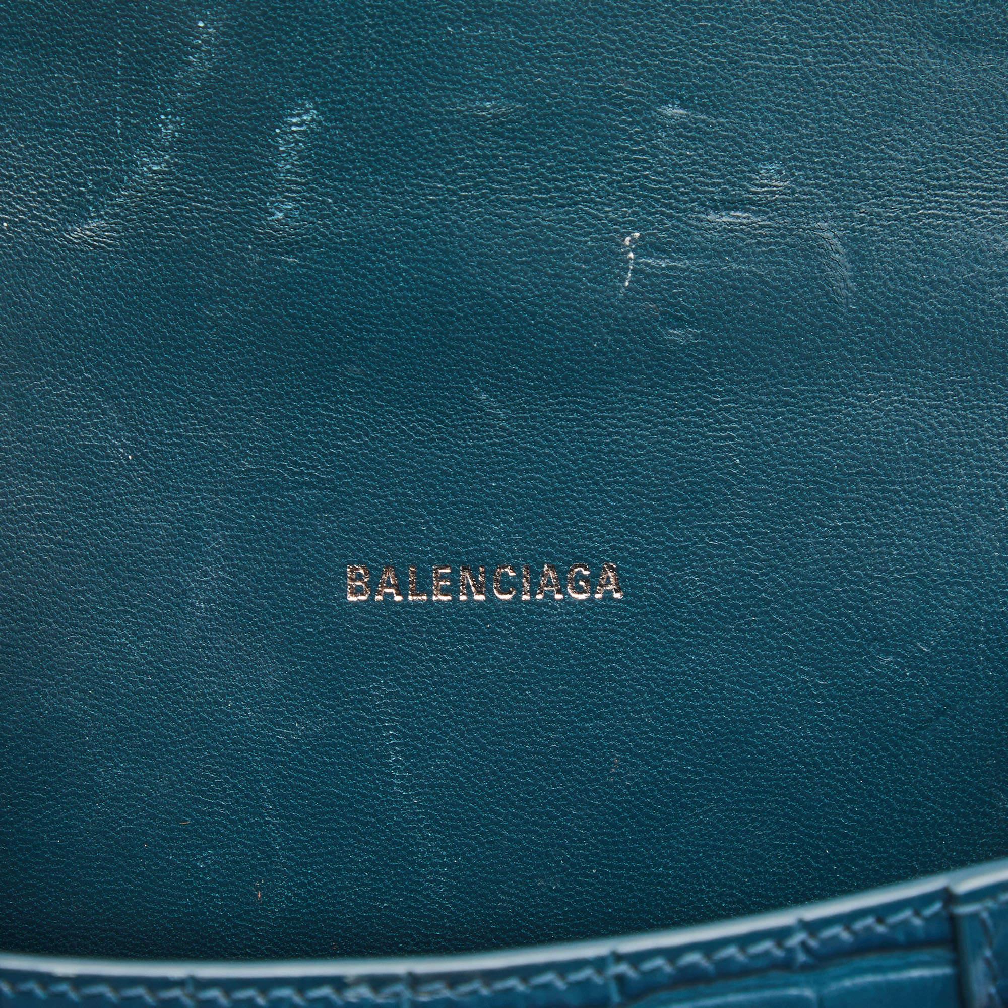 Balenciaga Teal Croc Embossed Leather XS Hourglass Top Handle Bag 6
