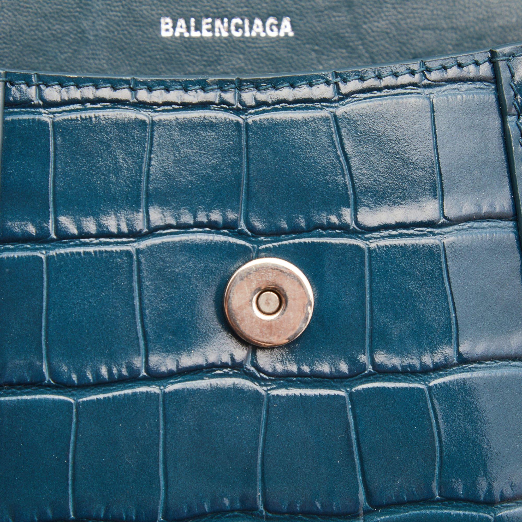 Balenciaga Teal Croc Embossed Leather XS Hourglass Top Handle Bag 7