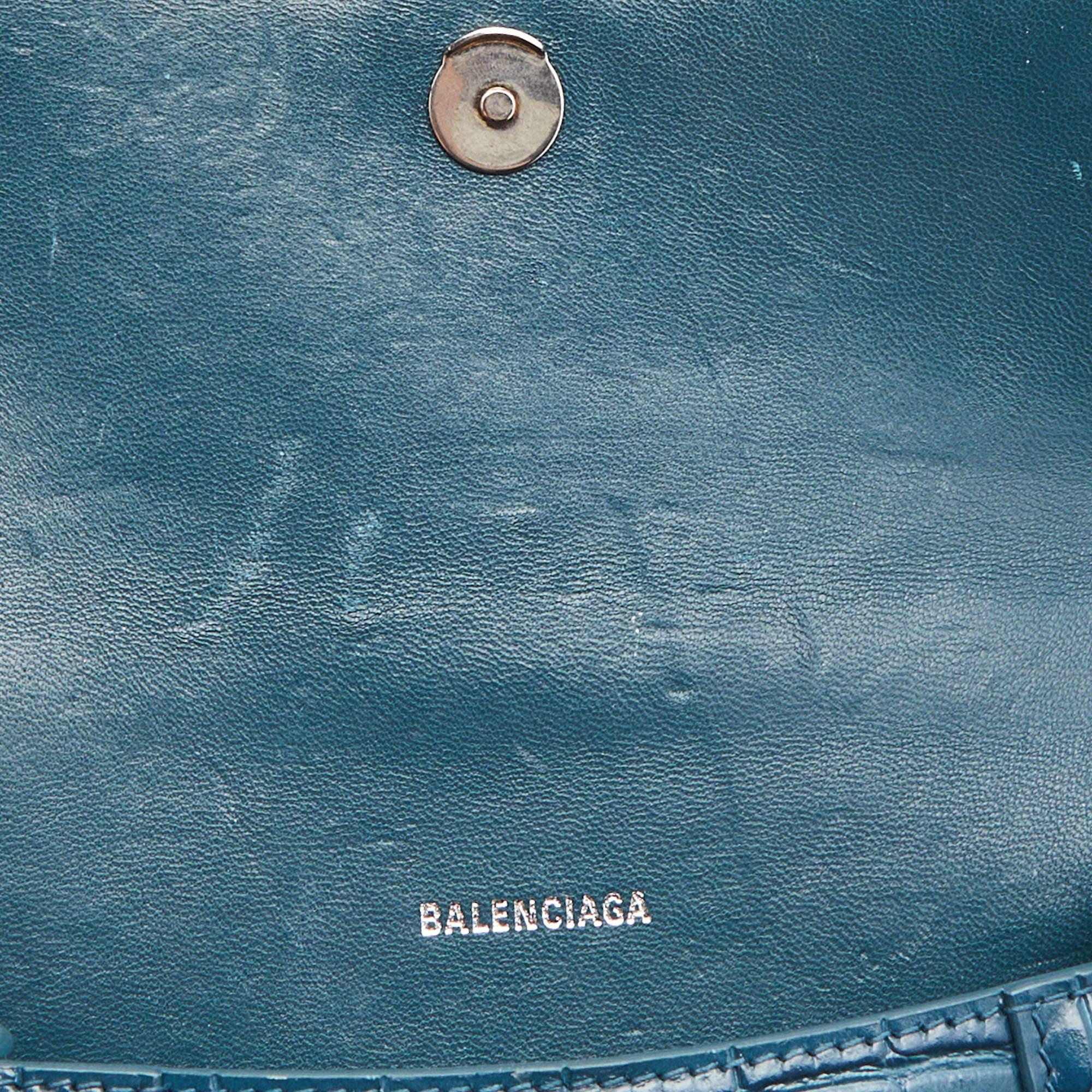 Balenciaga Teal Croc Embossed Leather XS Hourglass Top Handle Bag 8