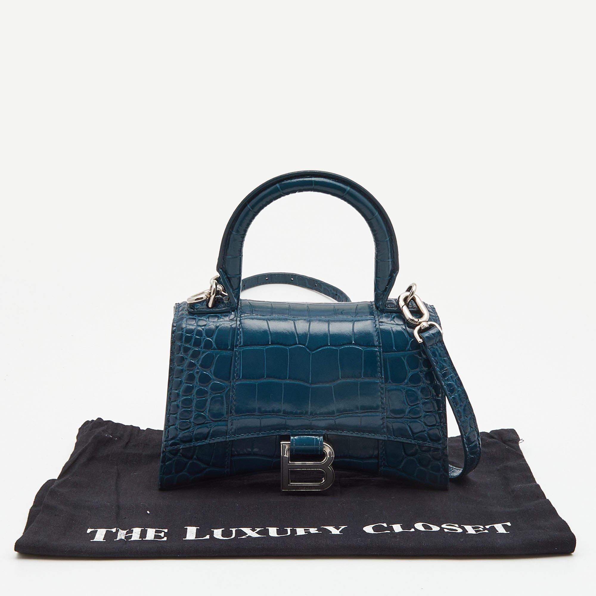 Balenciaga Teal Croc Embossed Leather XS Hourglass Top Handle Bag 10