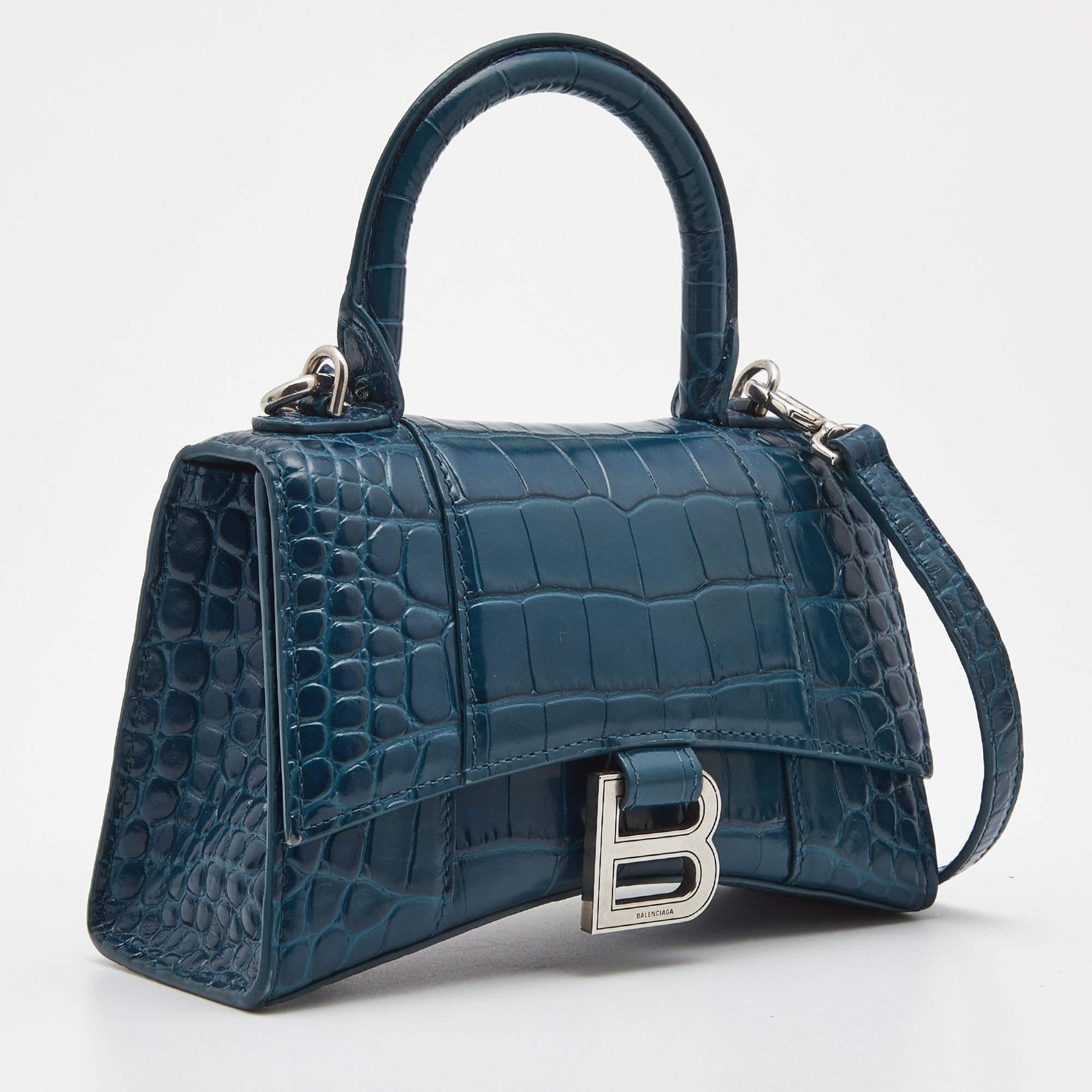 Balenciaga Teal Croc Embossed Leather XS Hourglass Top Handle Bag In Good Condition In Dubai, Al Qouz 2
