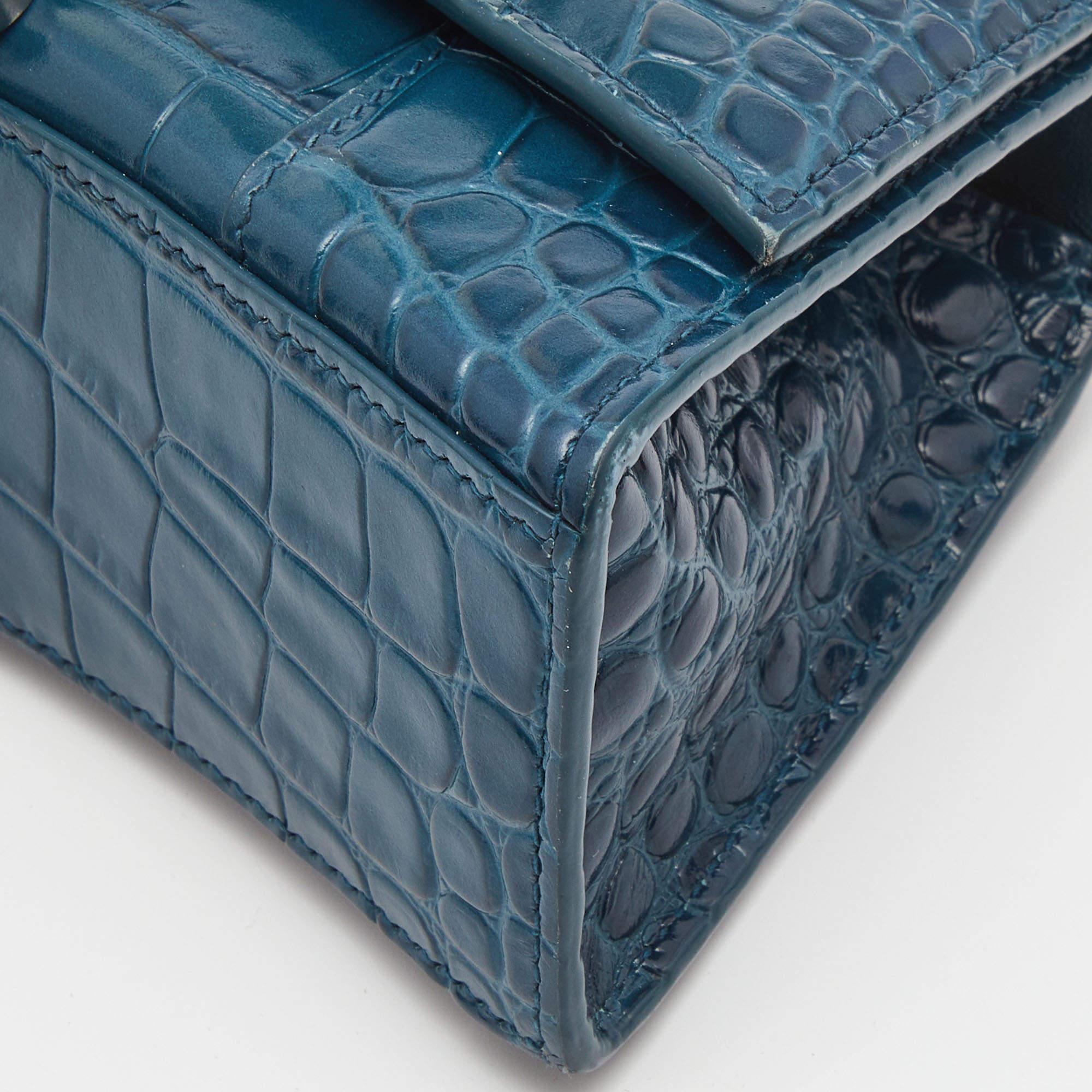 Balenciaga Teal Croc Embossed Leather XS Hourglass Top Handle Bag 1