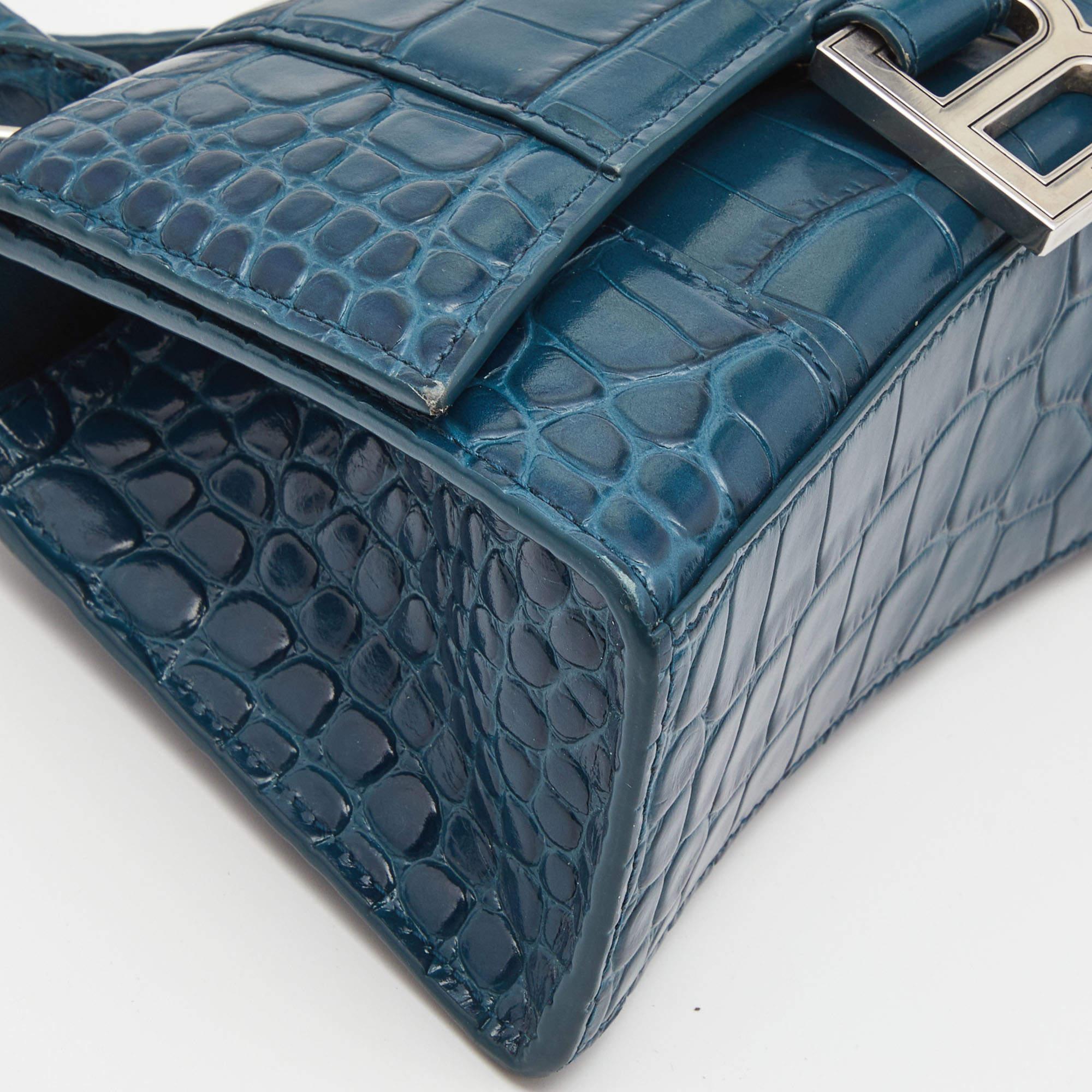 Balenciaga Teal Croc Embossed Leather XS Hourglass Top Handle Bag 2