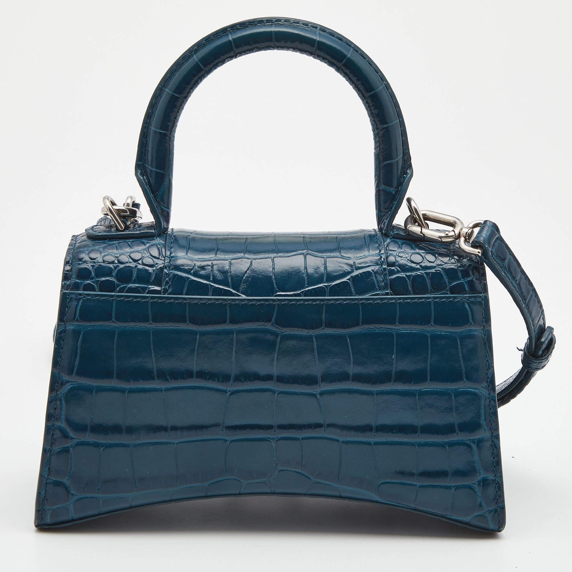 Balenciaga Teal Croc Embossed Leather XS Hourglass Top Handle Bag 4