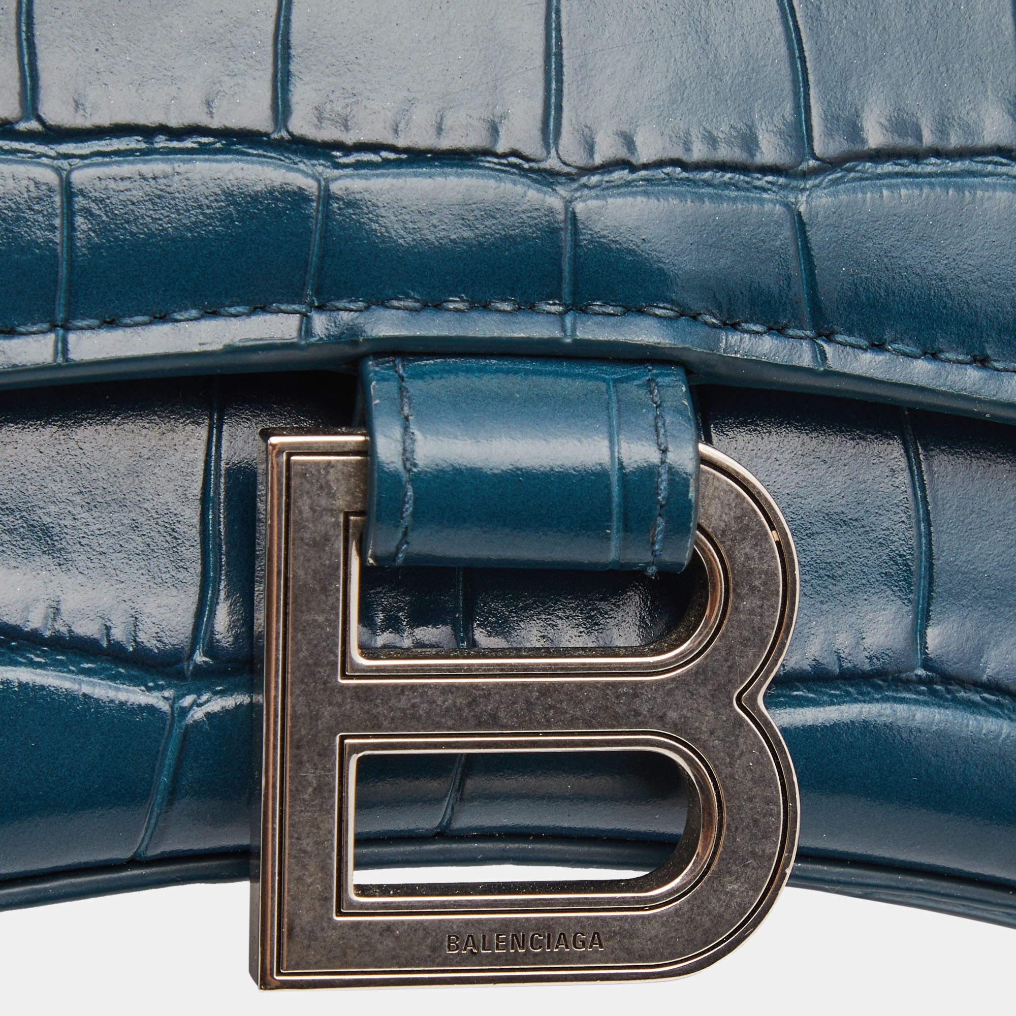 Balenciaga Teal Croc Embossed Leather XS Hourglass Top Handle Bag 5