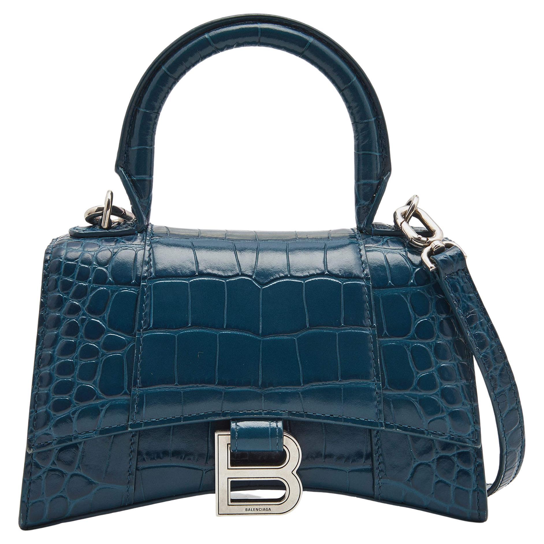 Balenciaga Teal Croc Embossed Leather XS Hourglass Top Handle Bag For Sale  at 1stDibs