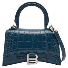 Balenciaga Teal Croc Embossed Leather XS Hourglass Top Handle Bag