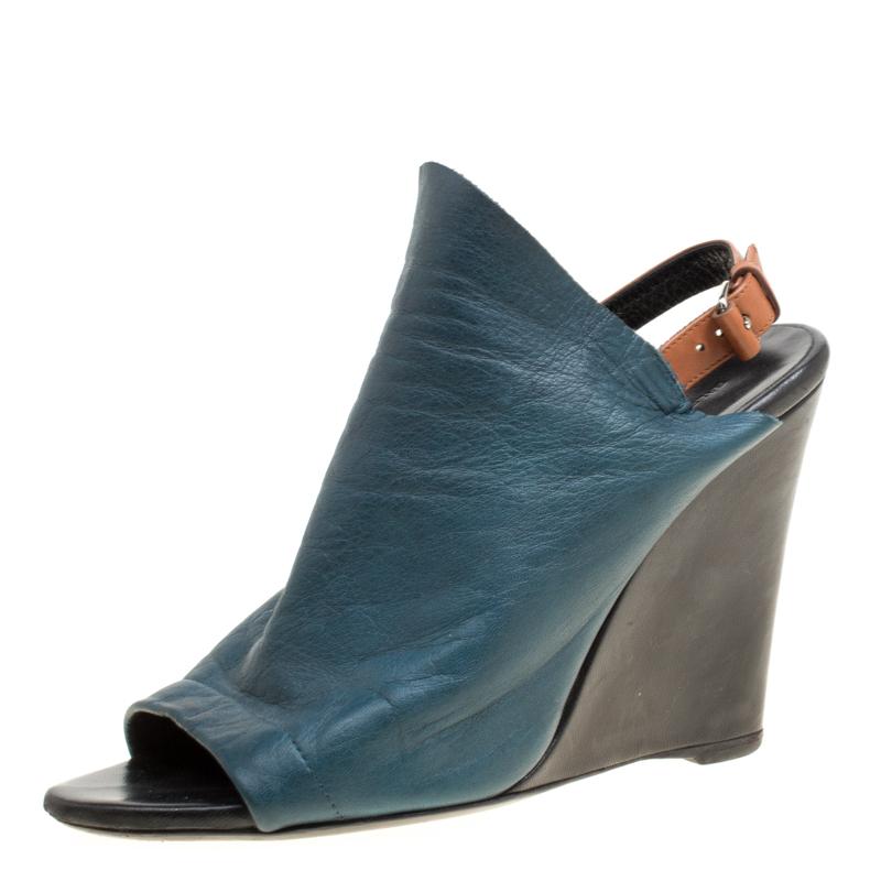 Balenciaga Teal Leather Gloves Wedge Sandals Size 39