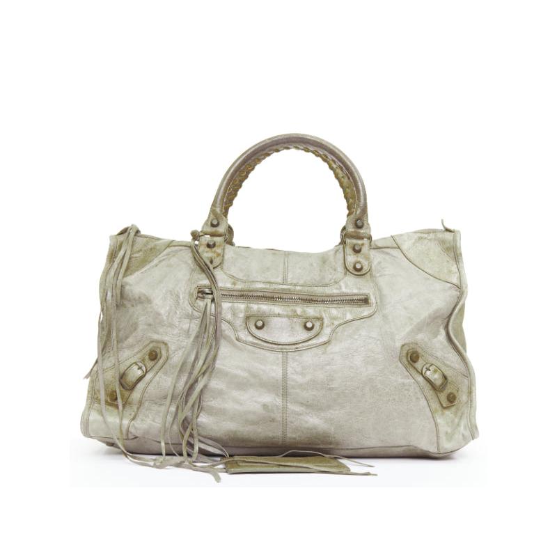BALENCIAGA The Work City grey slouchy leather fringe top handle tote bag