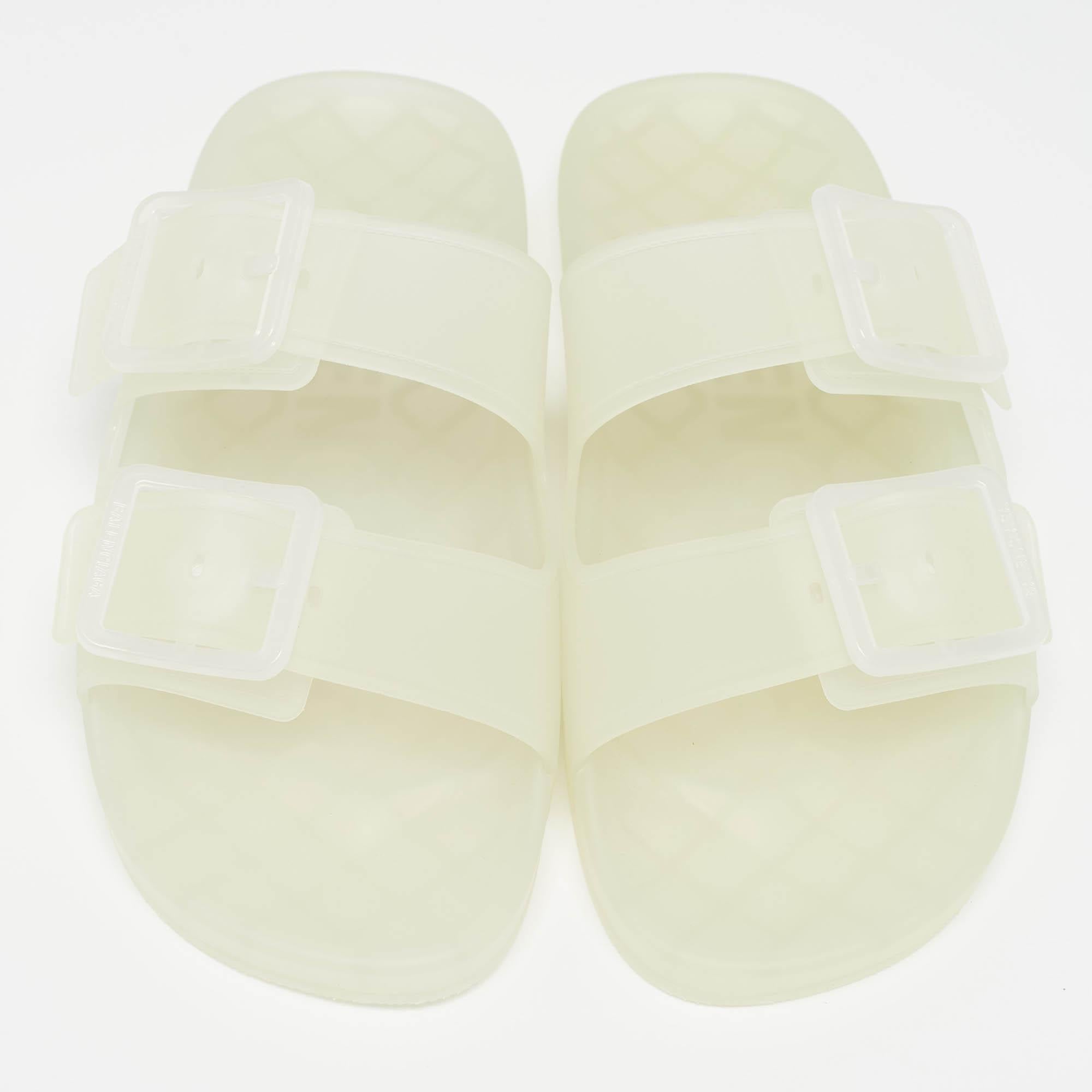 Perfect for your vacation and beach edits to regular use, Balenciaga's Mallorca slides are versatile and comfortable. They have a transparent design with dual buckles on the uppers.

Includes: Original Dustbag, Original Box

