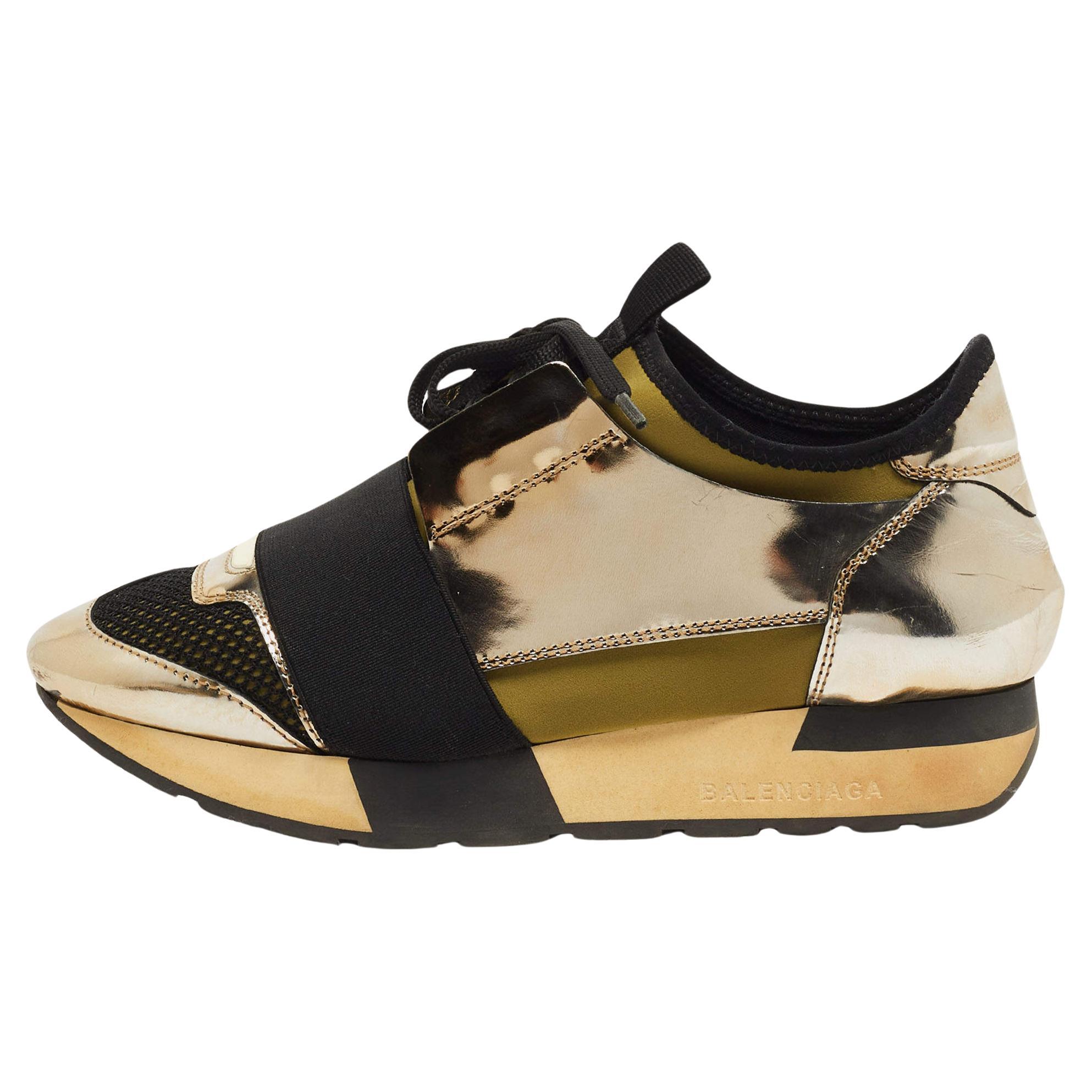Balenciaga Tricolor Foil Leather and Mesh Race Runner Low Top Sneakers  For Sale