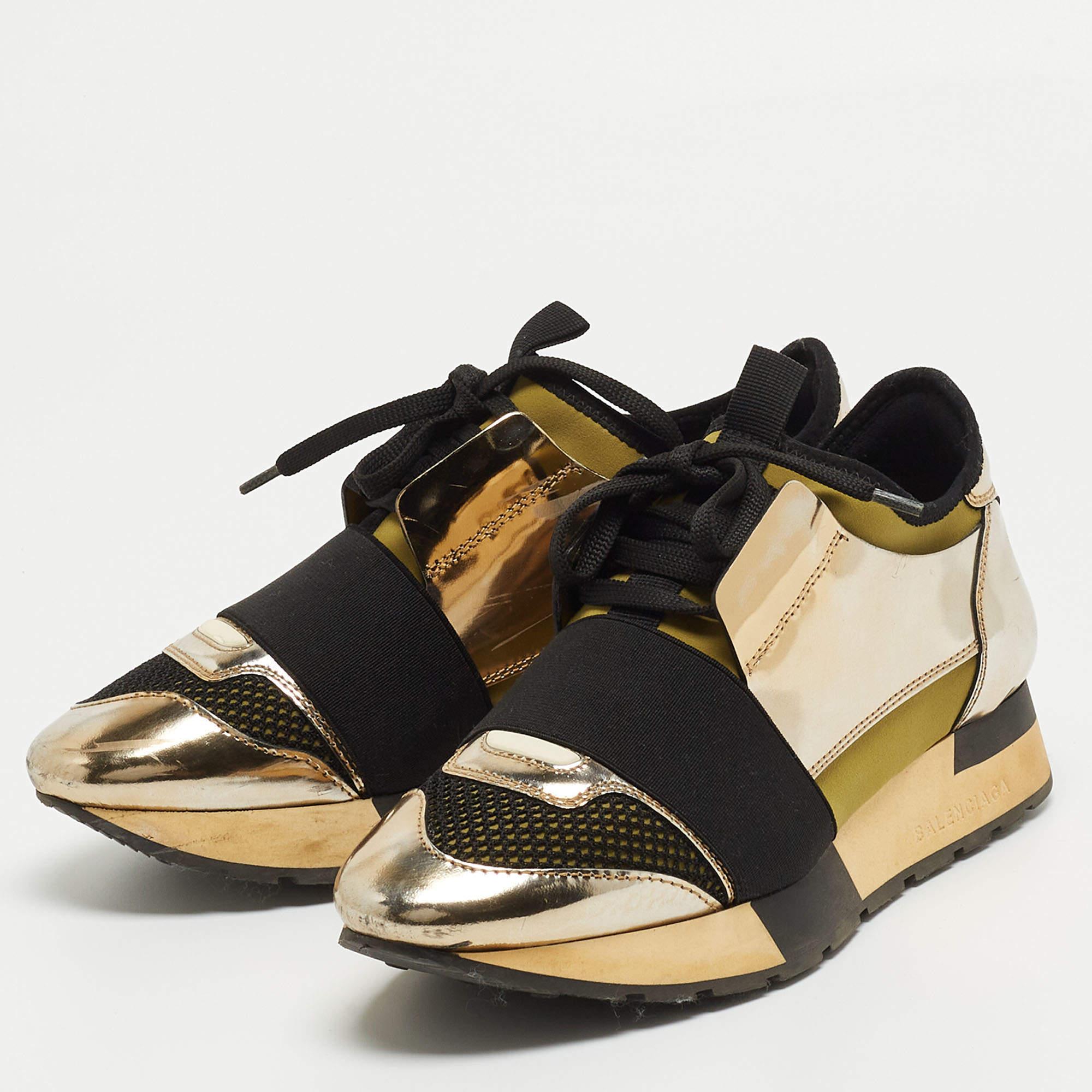 Let your latest addition be this pair of Race Runners sneakers from Balenciaga. Its exterior is crafted using leather as well as mesh with covered toes strap detailing on the vamps and lace up fastenings. This pair is completed with a leather lined