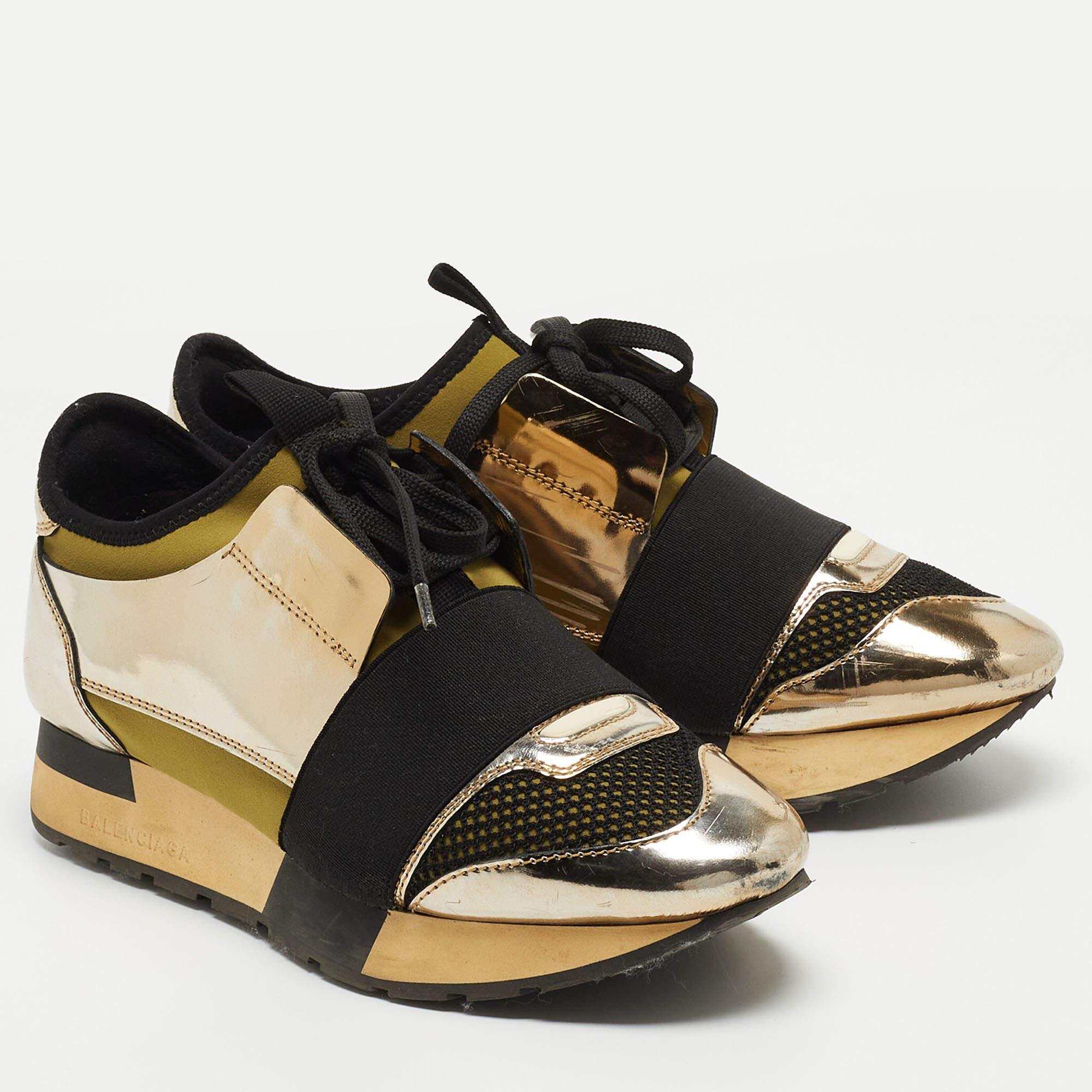 Balenciaga Tricolor Foil Leather and Mesh Race Runner Low Top Sneakers Size 35 For Sale 1