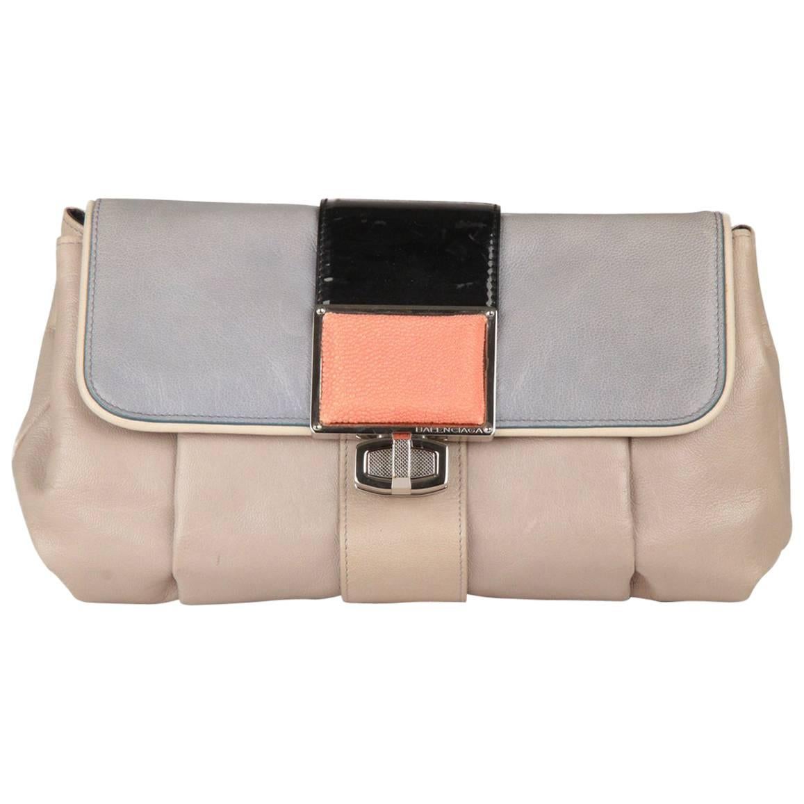 Balenciaga Tricolor Gray Leather Cherche Midi Clutch Bag Handbag