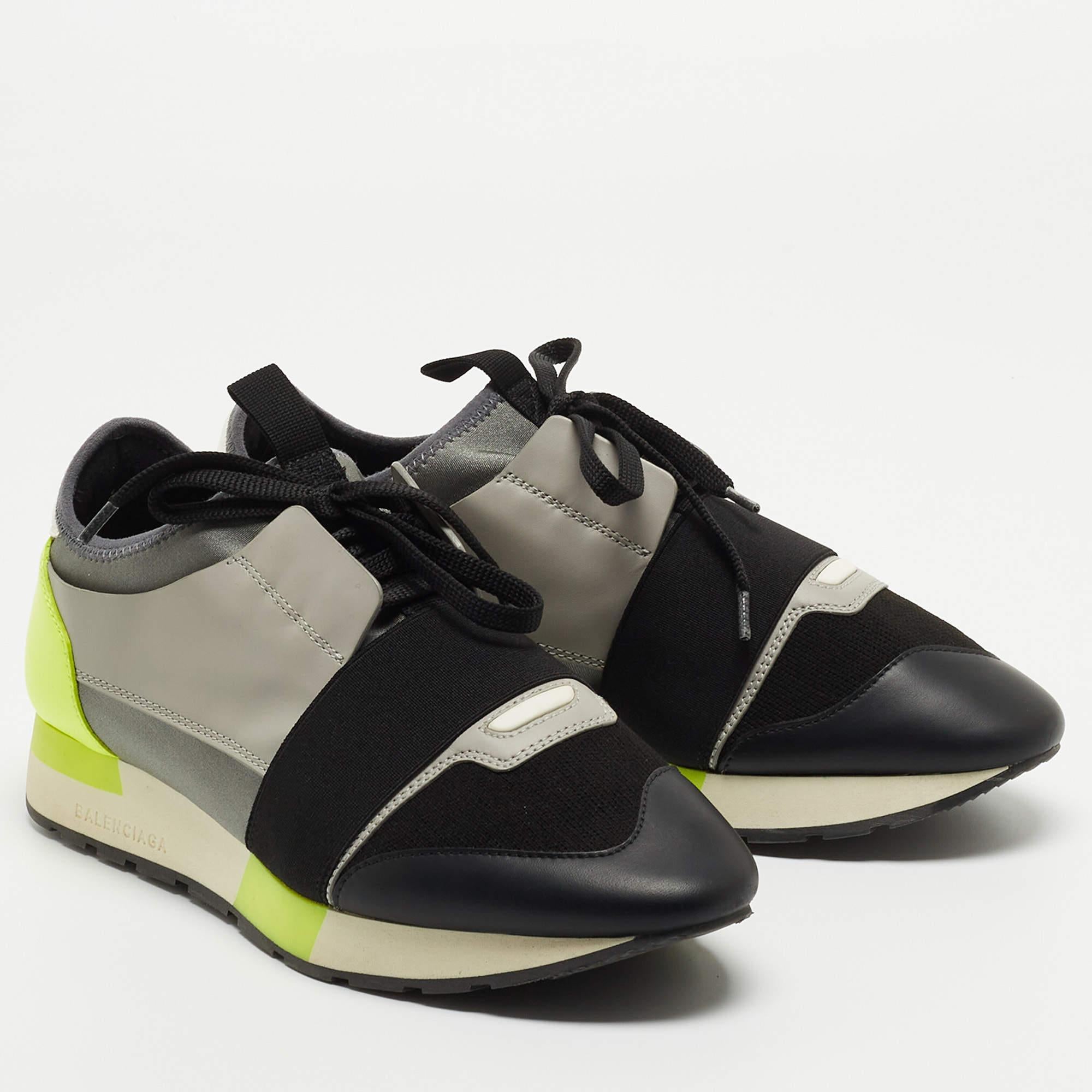 Women's Balenciaga Tricolor Leather and Fabric Race Runner Low Top Sneakers For Sale