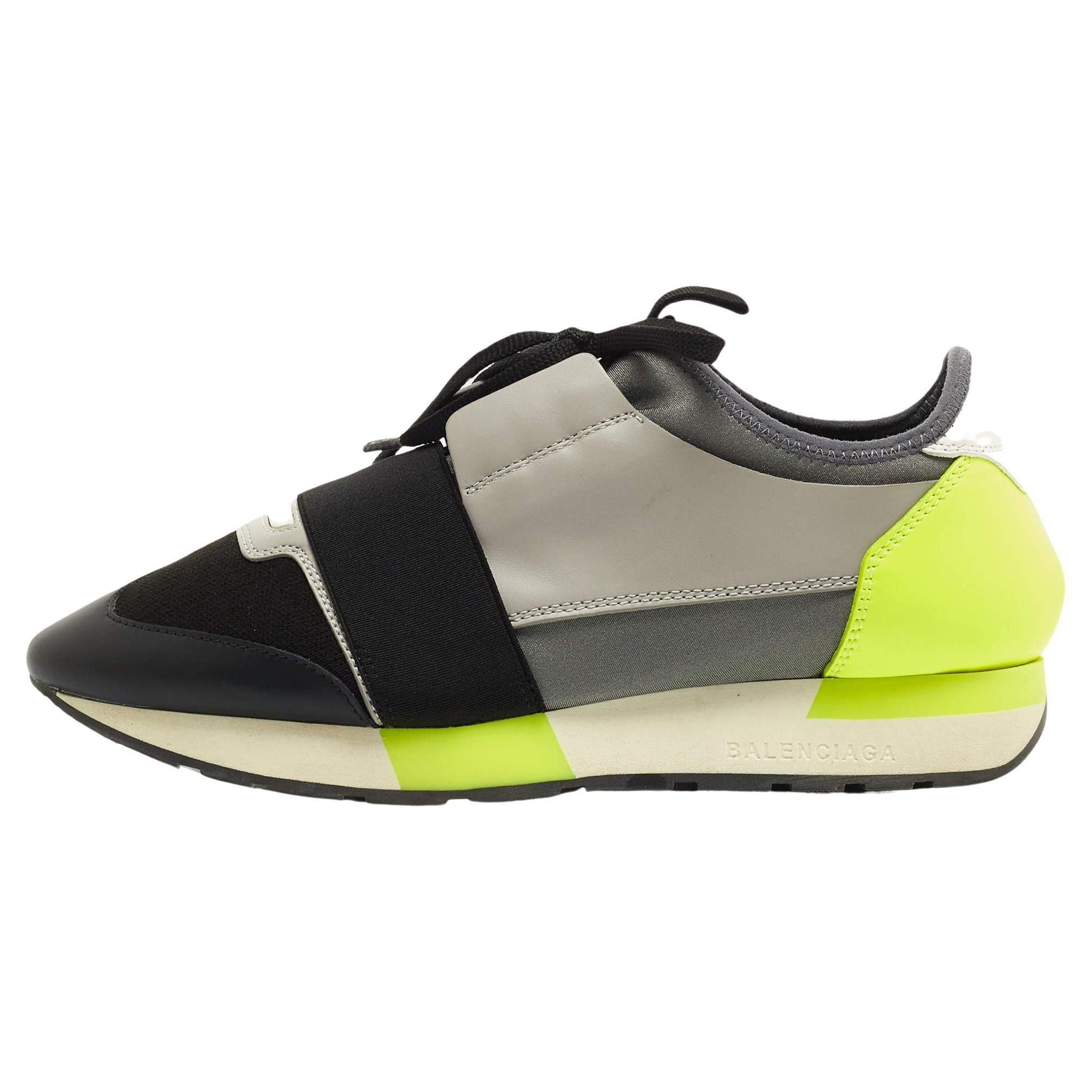 Balenciaga Tricolor Leather and Fabric Race Runner Low Top Sneakers For Sale
