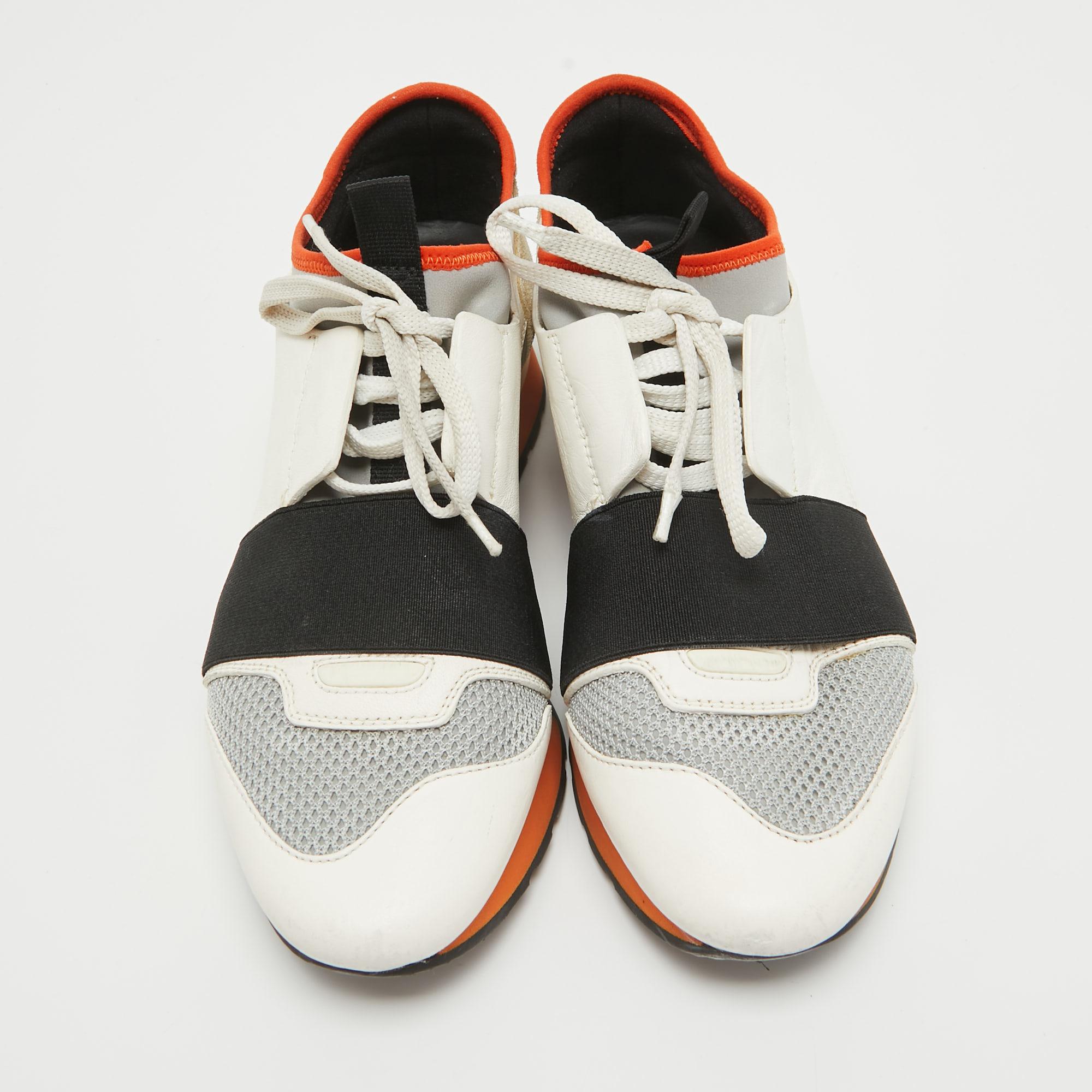 Balenciaga Tricolor Leather and Mesh Race Runner Sneakers Size 37 In Good Condition For Sale In Dubai, Al Qouz 2