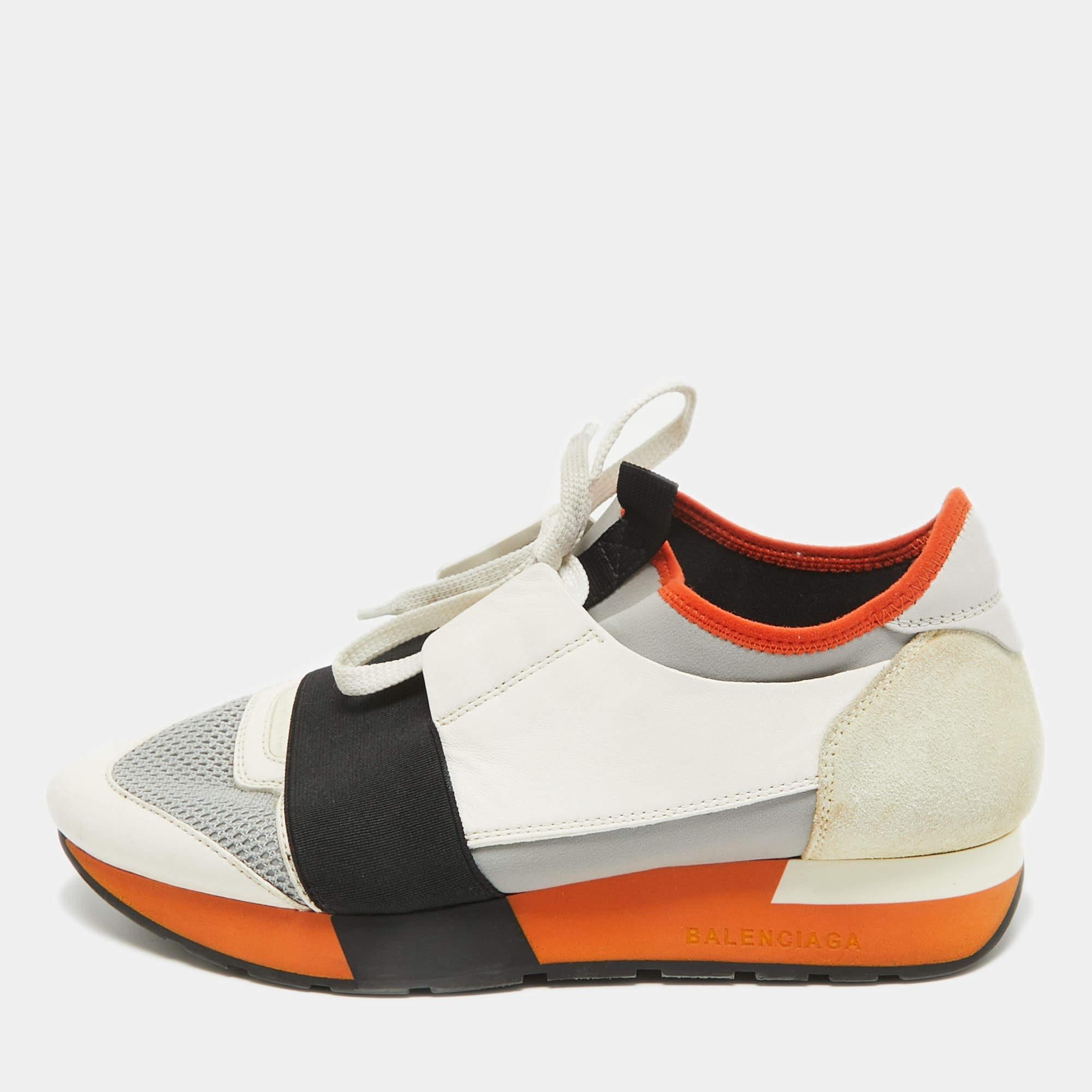 Women's Balenciaga Tricolor Leather and Mesh Race Runner Sneakers Size 37 For Sale