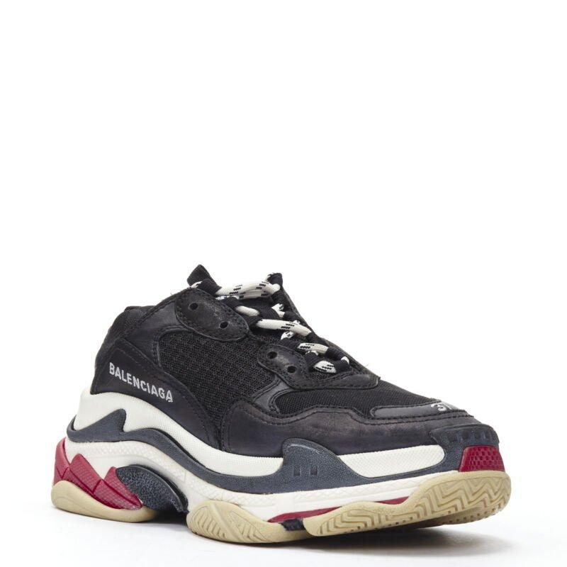BALENCIAGA Triple S black mesh white red triple sole chunky sneaker EU37
Reference: MELK/A00225
Brand: Balenciaga
Designer: Demna
Model: Triple S
Material: Mesh, Rubber
Color: Black, Red
Pattern: Solid
Lining:  Mesh
Made in: