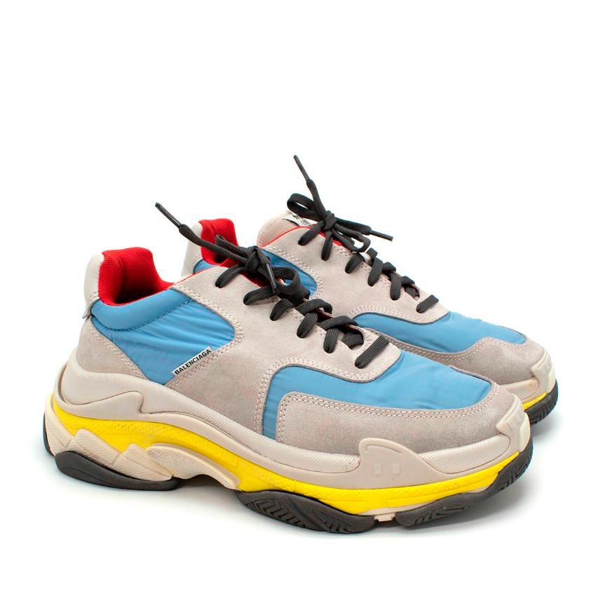  Balenciaga Triple S Red Blue Yellow Sneakers

- Double foam and mesh sneakers
- Printed BB logo at the back
- Triple S branding on the tongue
- Grey suede panelling
- Pastel blue mesh 
- Red insole
- One additional pair of laces

Materials:
Rubber