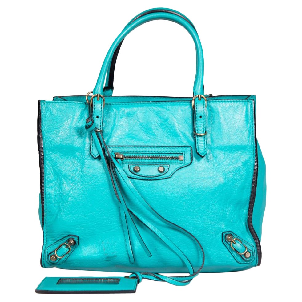 Balenciaga Turquoise Calfskin Papier Mini A4 Zip Around Bag