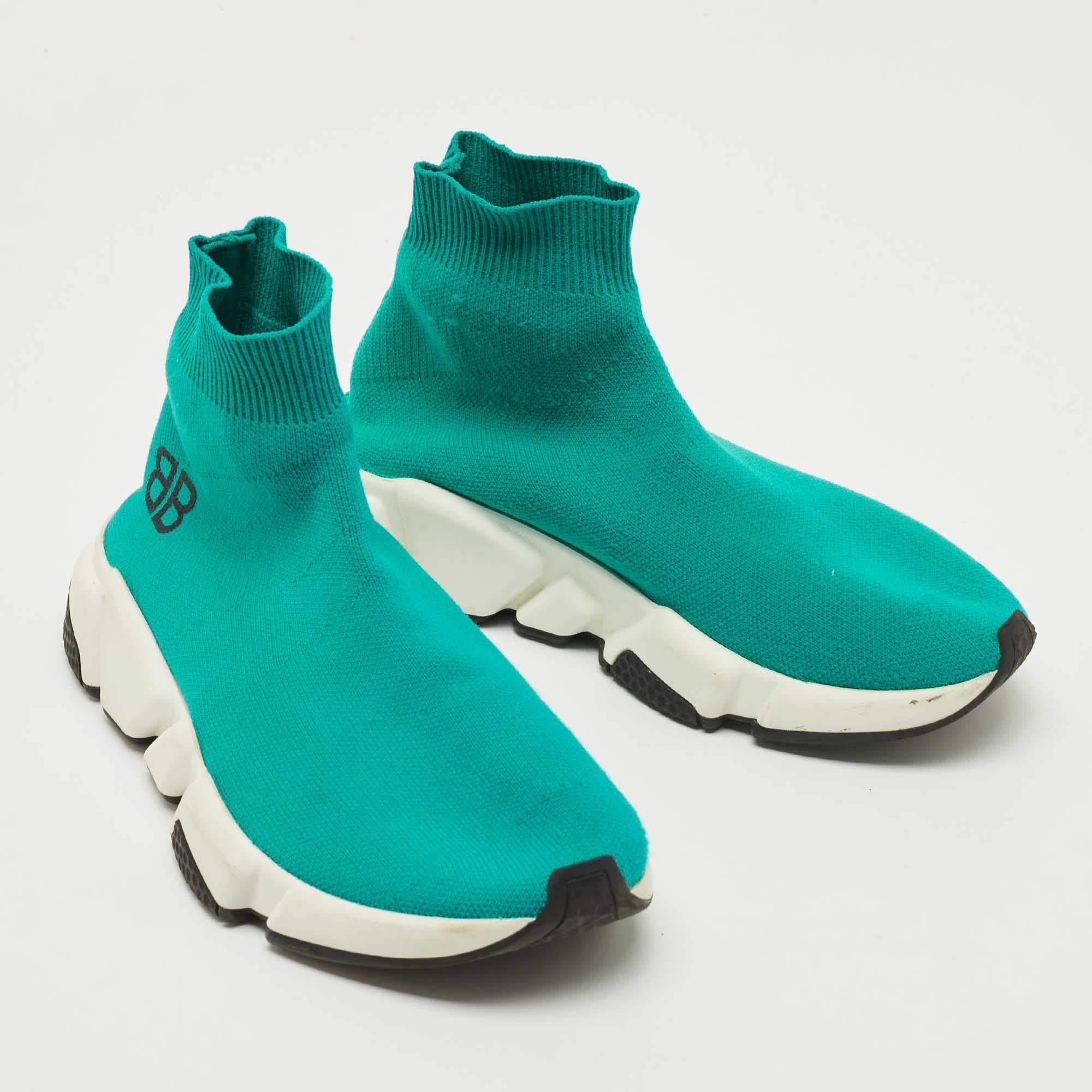 Blue Balenciaga Turquoise Knit Fabric Speed Trainer Sneakers Size 35 For Sale