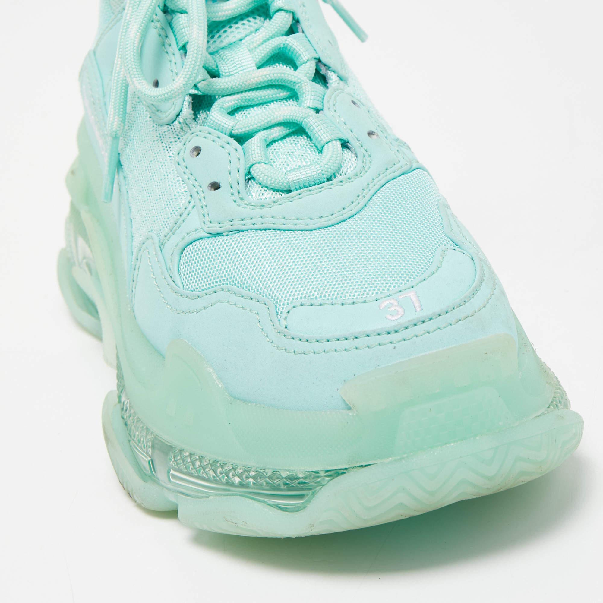 Balenciaga Turquoise Leather and Mesh Triple S Clear Sneakers Size 37 3