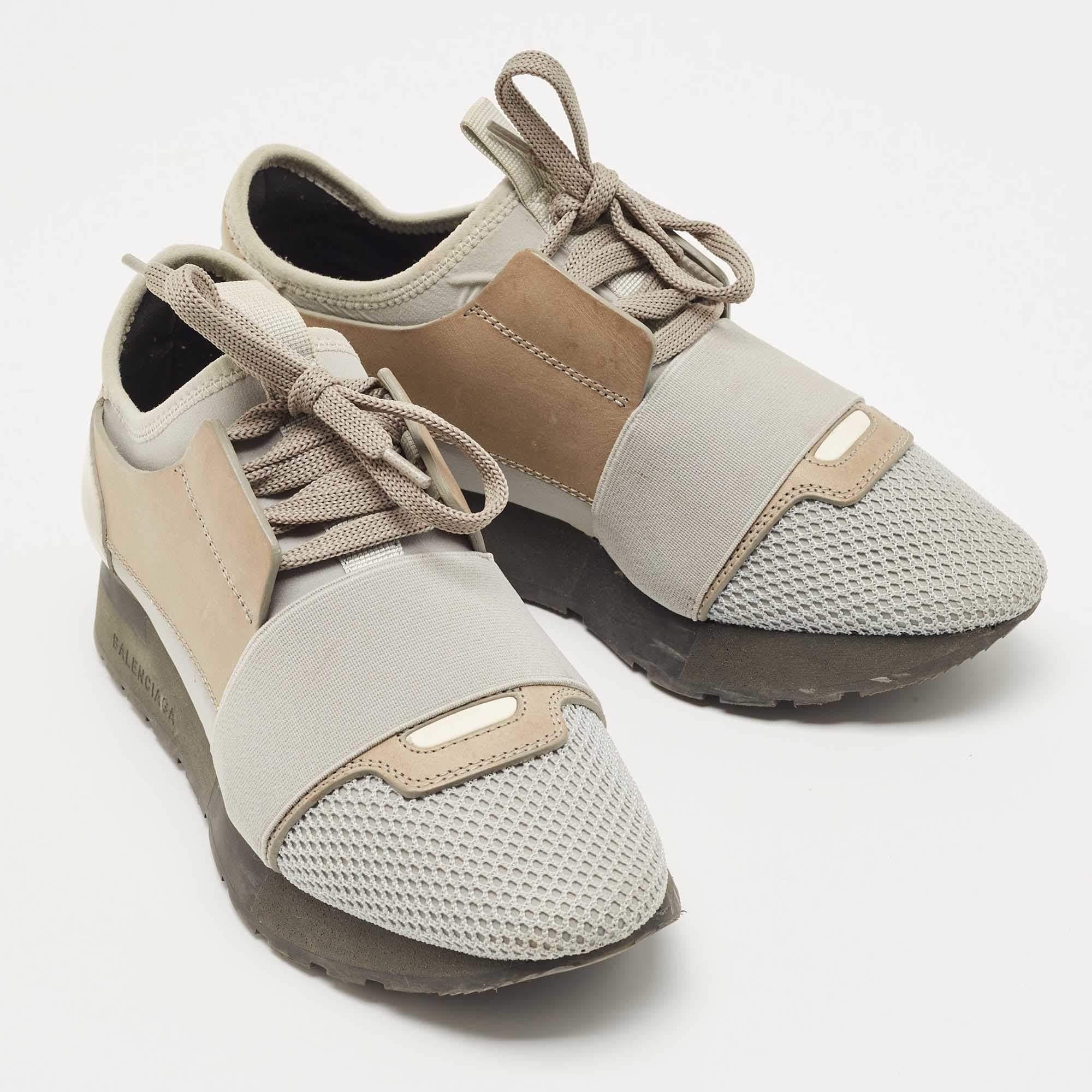 Brown Balenciaga Two Tone Leather and Mesh Race Runner Sneakers For Sale