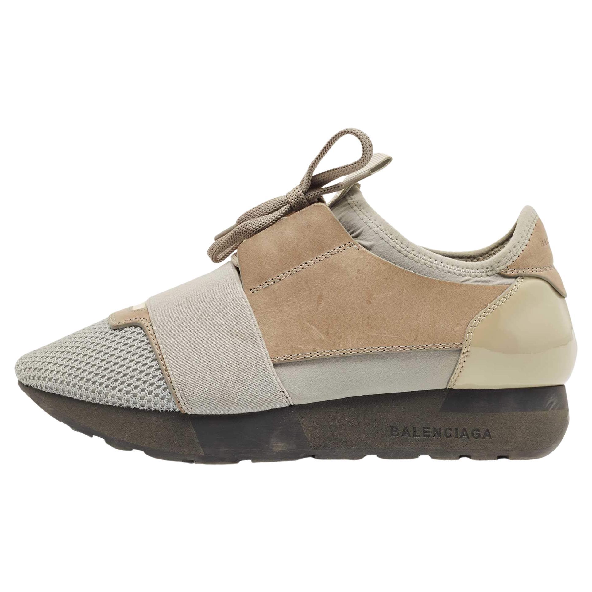 Balenciaga Two Tone Leather and Mesh Race Runner Sneakers For Sale