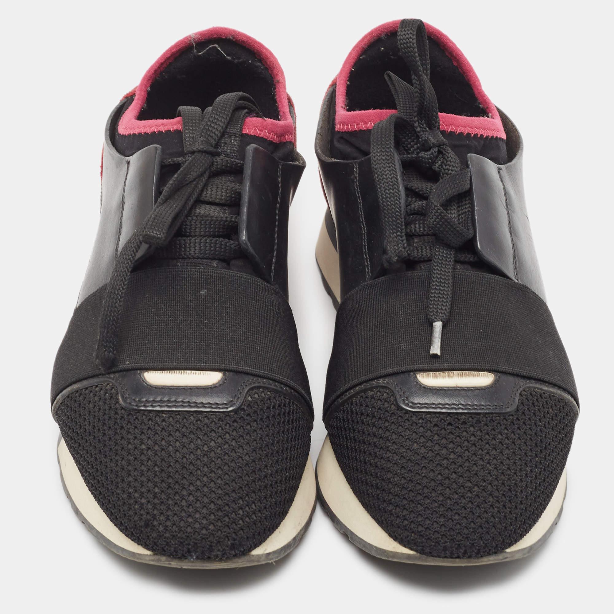 Black Balenciaga Two Tone Mesh and Leather Race Runner Sneakers Size 37 For Sale