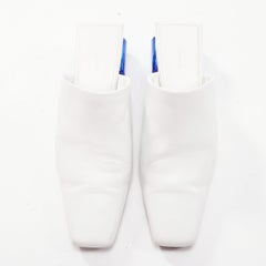 BALENCIAGA Typo white leather blue BB logo square toe mules EU35.5