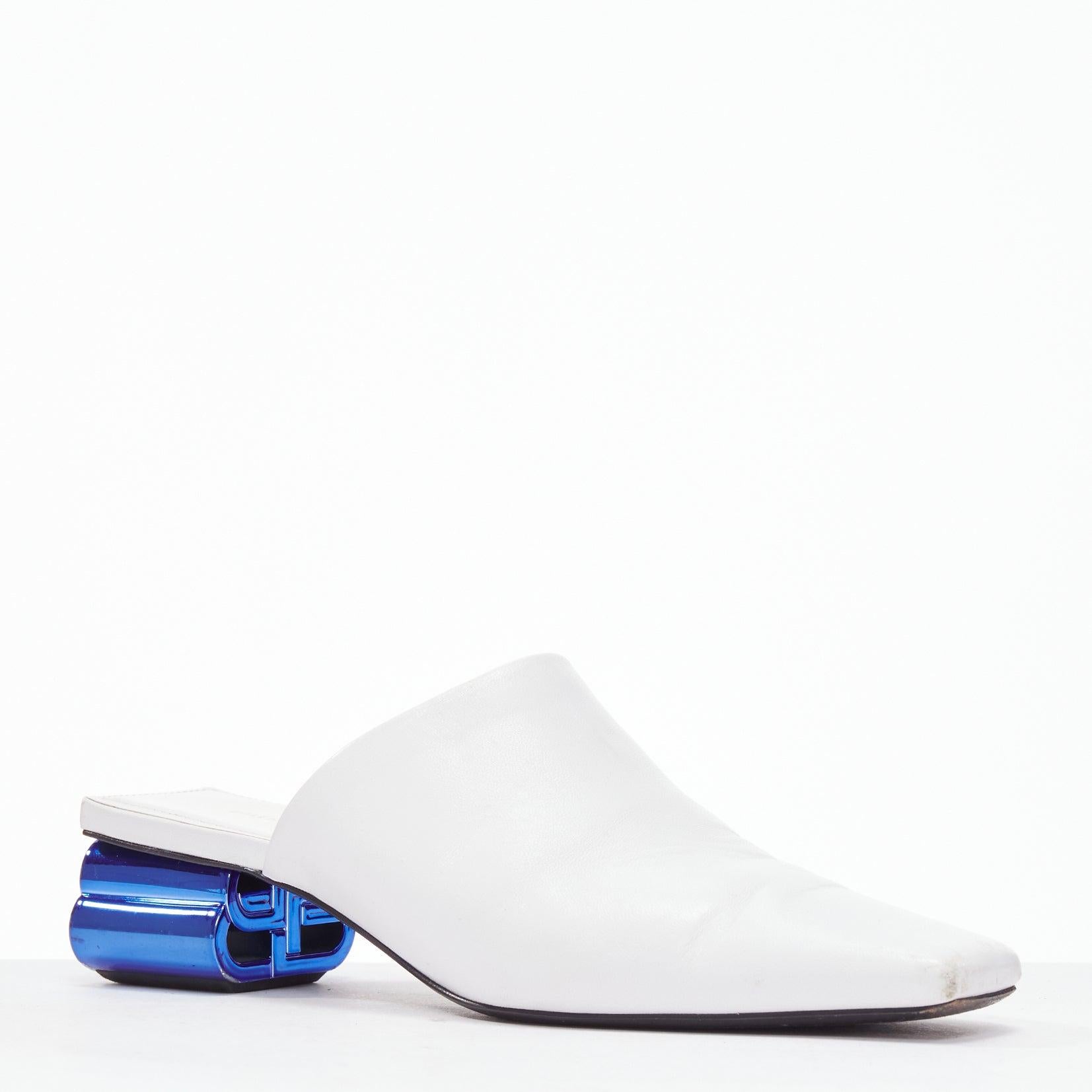Gray BALENCIAGA Typo white leather blue BB logo square toe mules EU35.5
