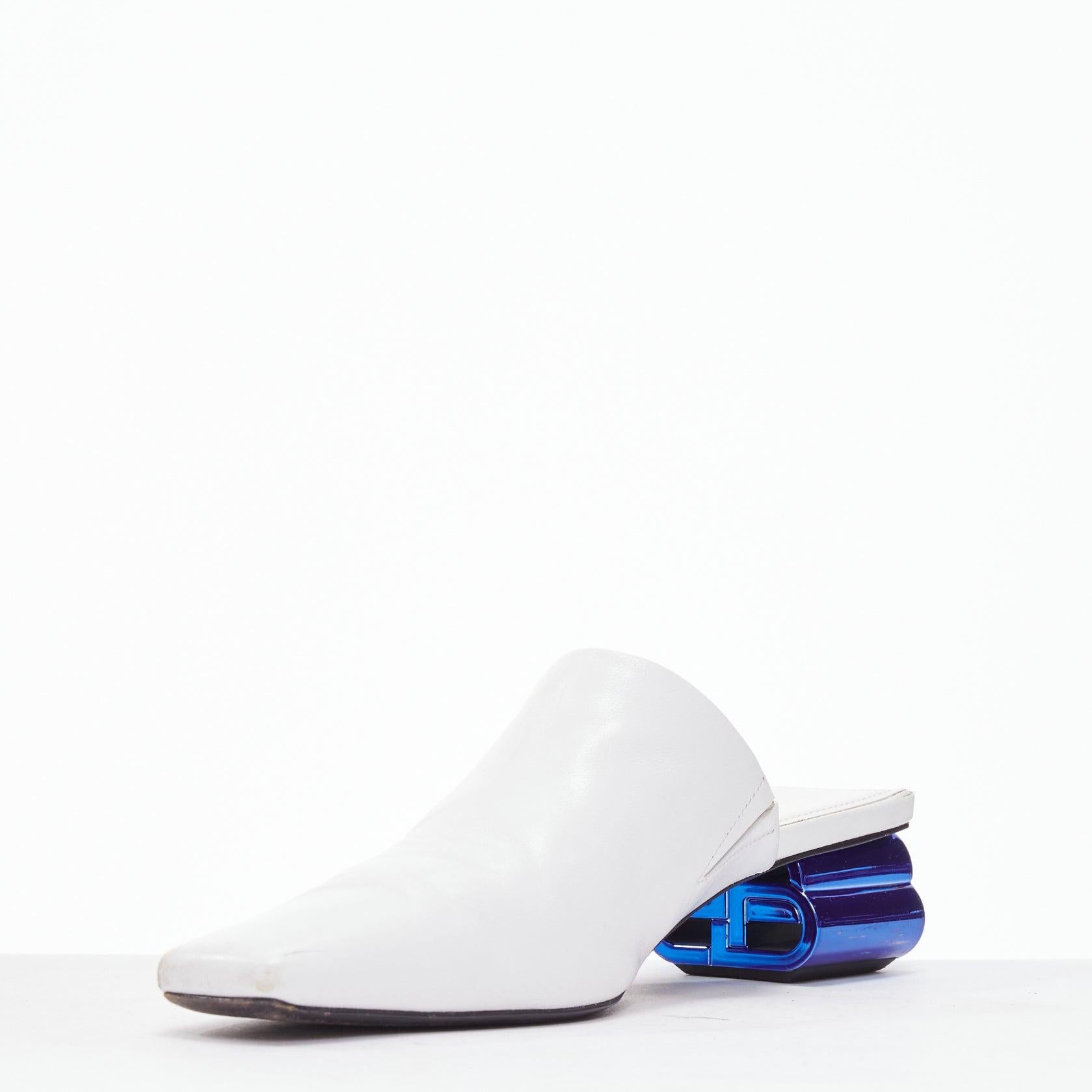 BALENCIAGA Typo white leather blue BB logo square toe mules EU35.5 In Fair Condition In Hong Kong, NT