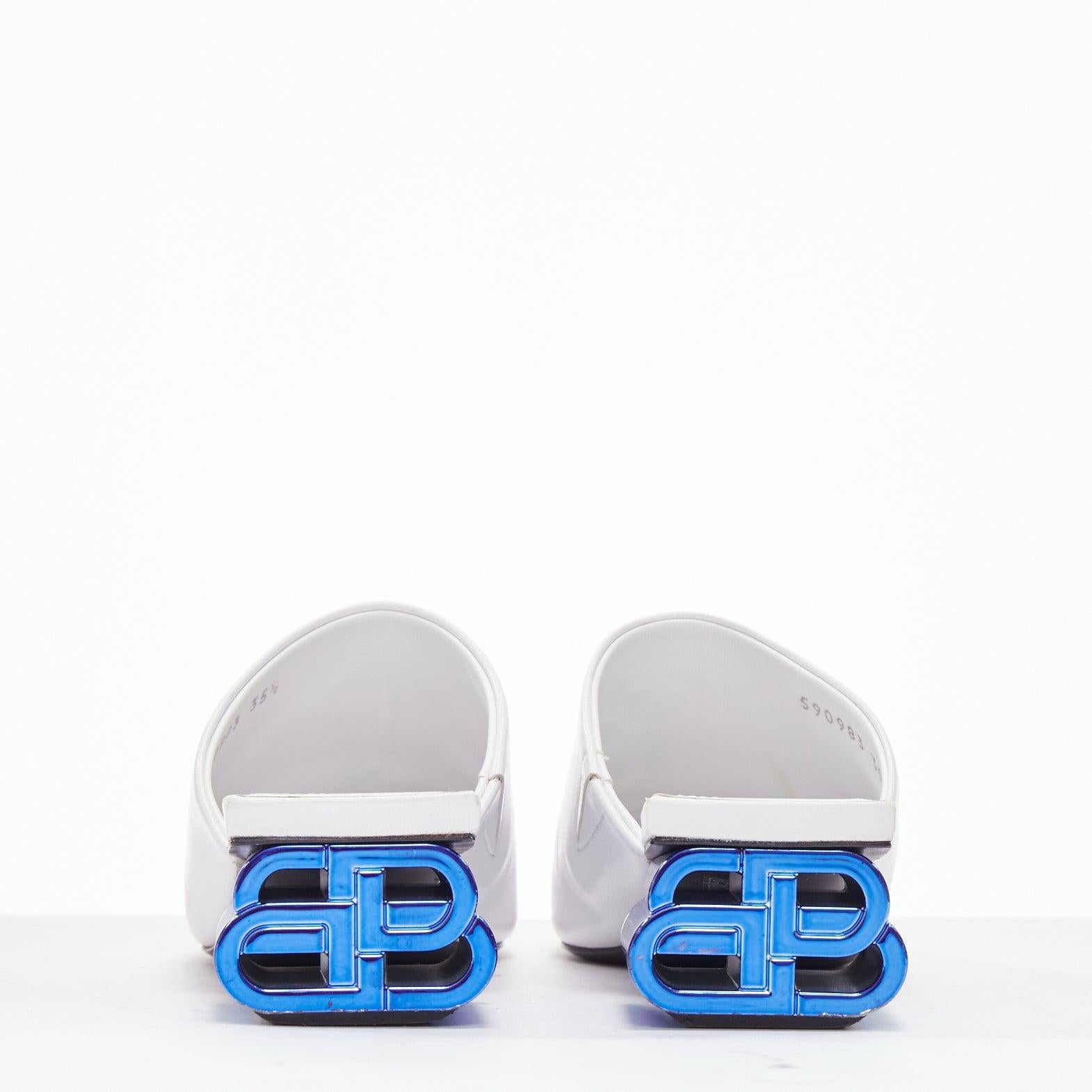 Women's BALENCIAGA Typo white leather blue BB logo square toe mules EU35.5