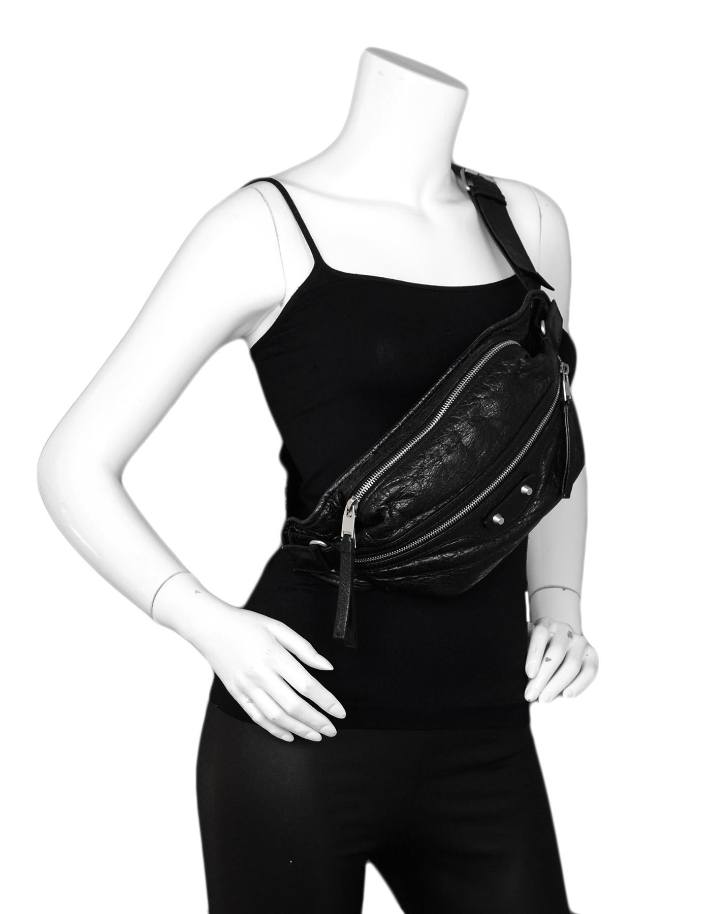 Balenciaga Black Lambskin Classic Neo Lift Hip Bag

Made In: Italy
Color: Black
Hardware: Silvertone
Materials: Lambskin Leather
Lining: Black textile lining
Closure/Opening: Top zipper
Exterior Pockets: One zip pocket
Interior Pockets: One slit
