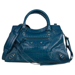 Balenciaga UNISEX Teal Croc Embossed Leather Neo Classic Medium Handbag