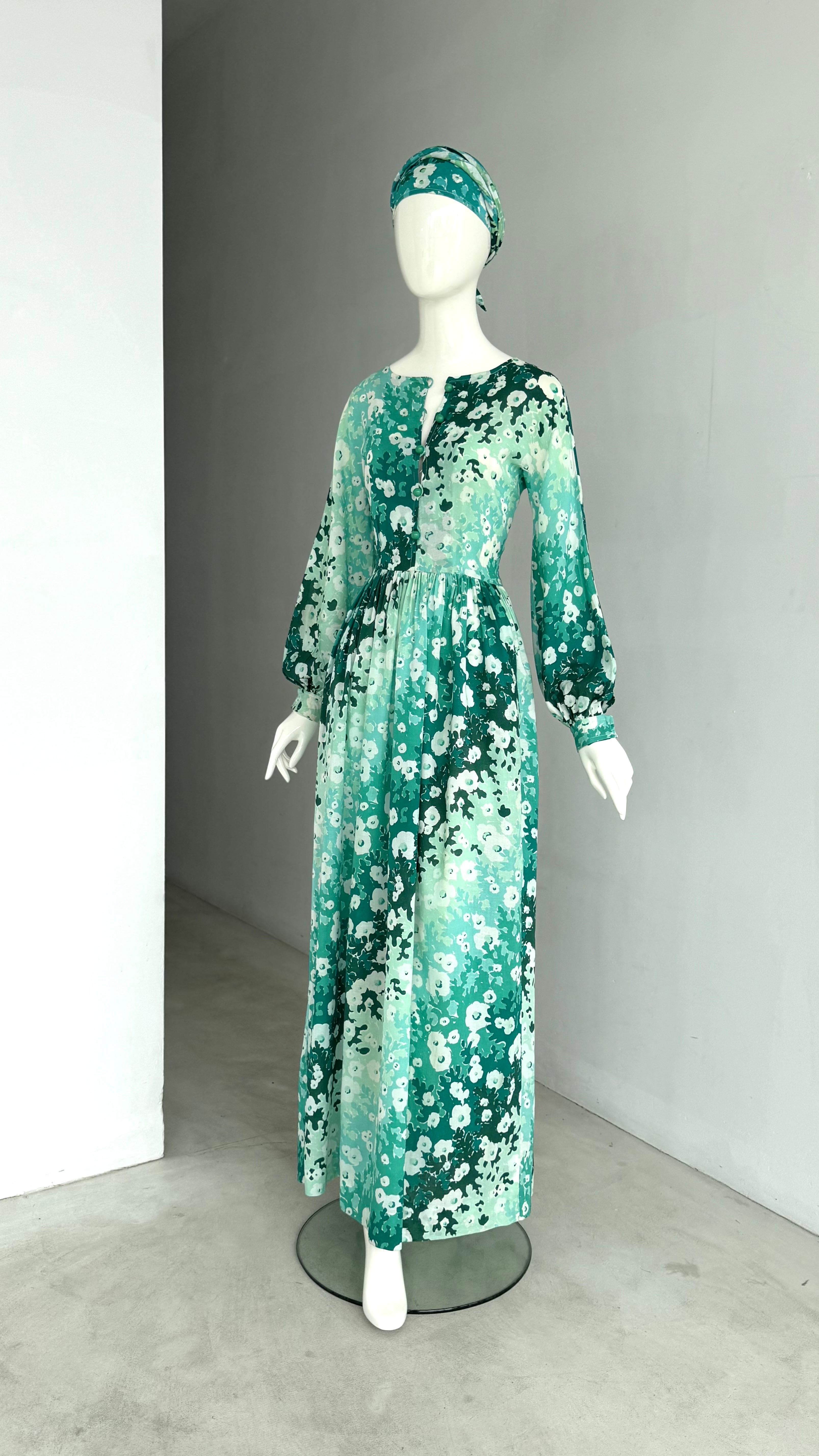 Balenciaga Vintage 80s Green Fowers Print Cotton/Silk Boho Dress & Matching Belt For Sale 6