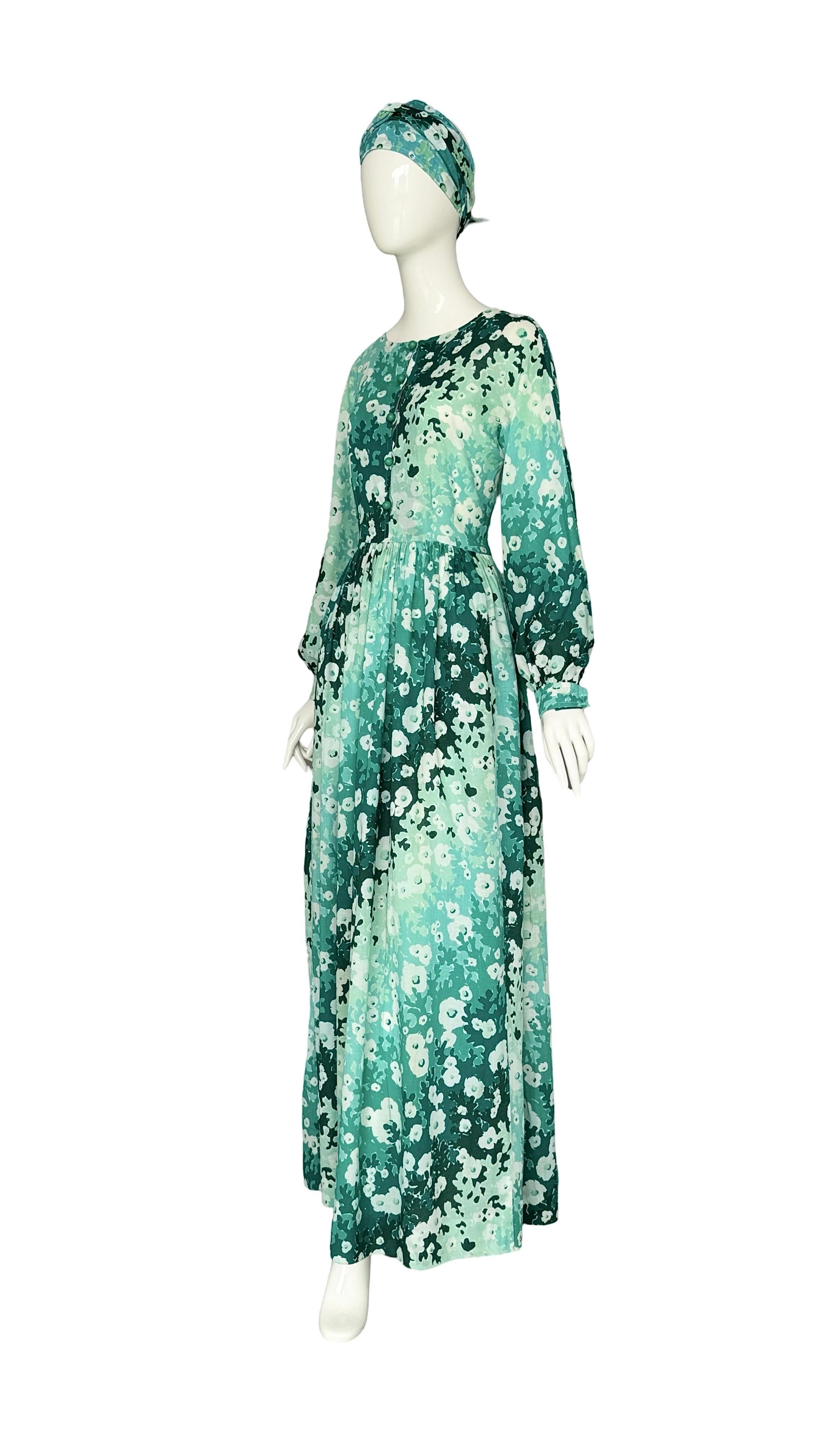Women's Balenciaga Vintage 80s Green Fowers Print Cotton/Silk Boho Dress & Matching Belt For Sale