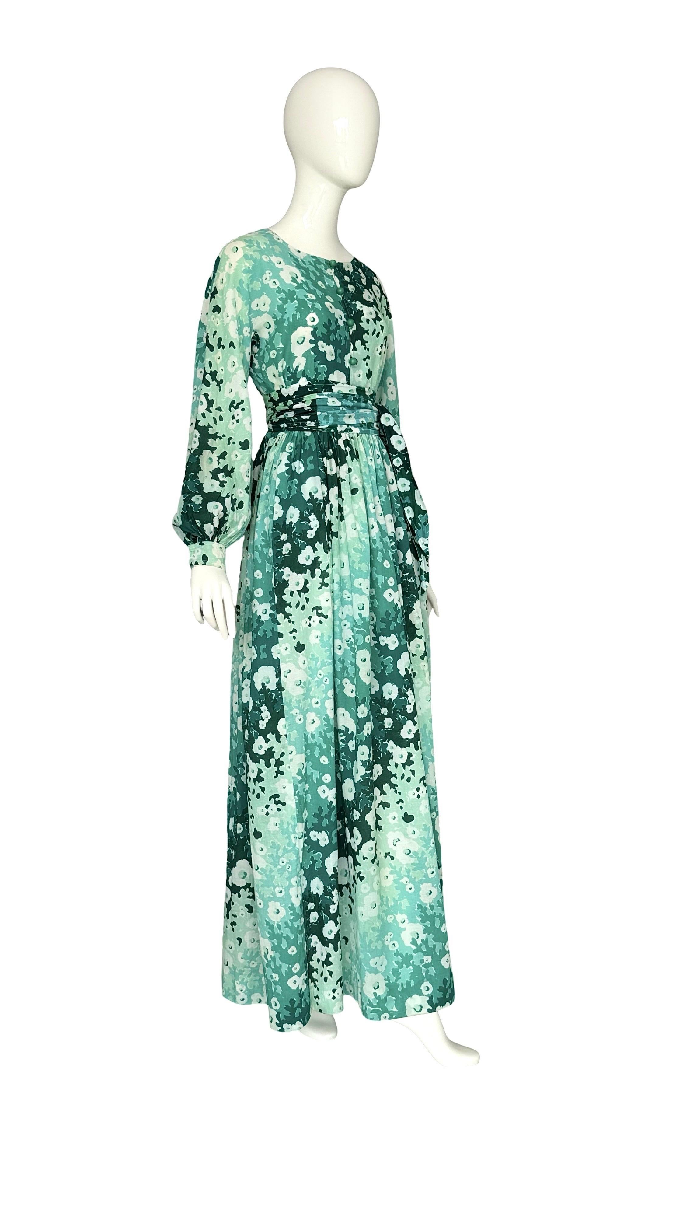 Balenciaga Vintage 80s Green Fowers Print Cotton/Silk Boho Dress & Matching Belt For Sale 1