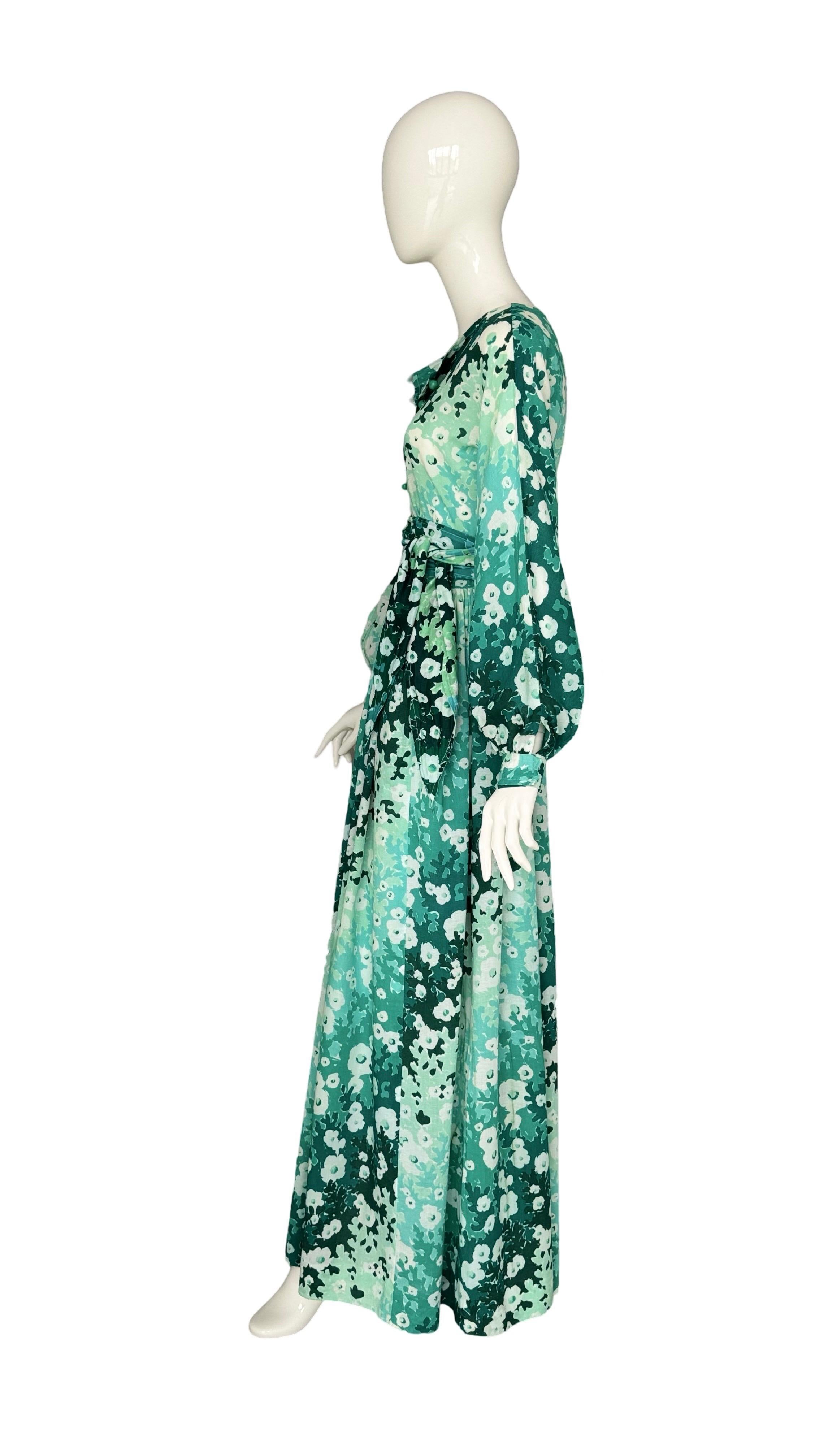 Balenciaga Vintage 80s Green Fowers Print Cotton/Silk Boho Dress & Matching Belt For Sale 3