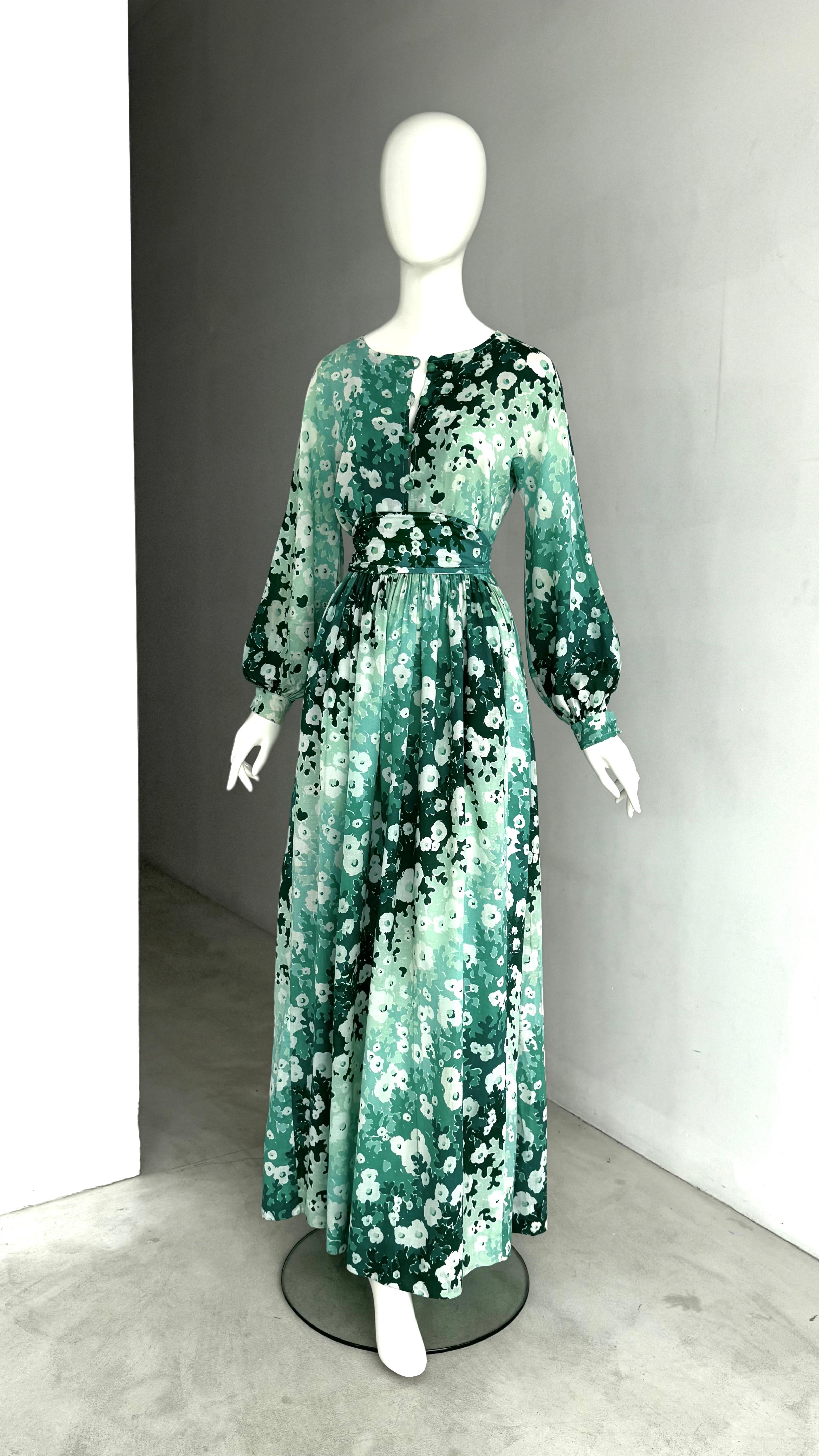 Balenciaga Vintage 80s Green Fowers Print Cotton/Silk Boho Dress & Matching Belt For Sale 5