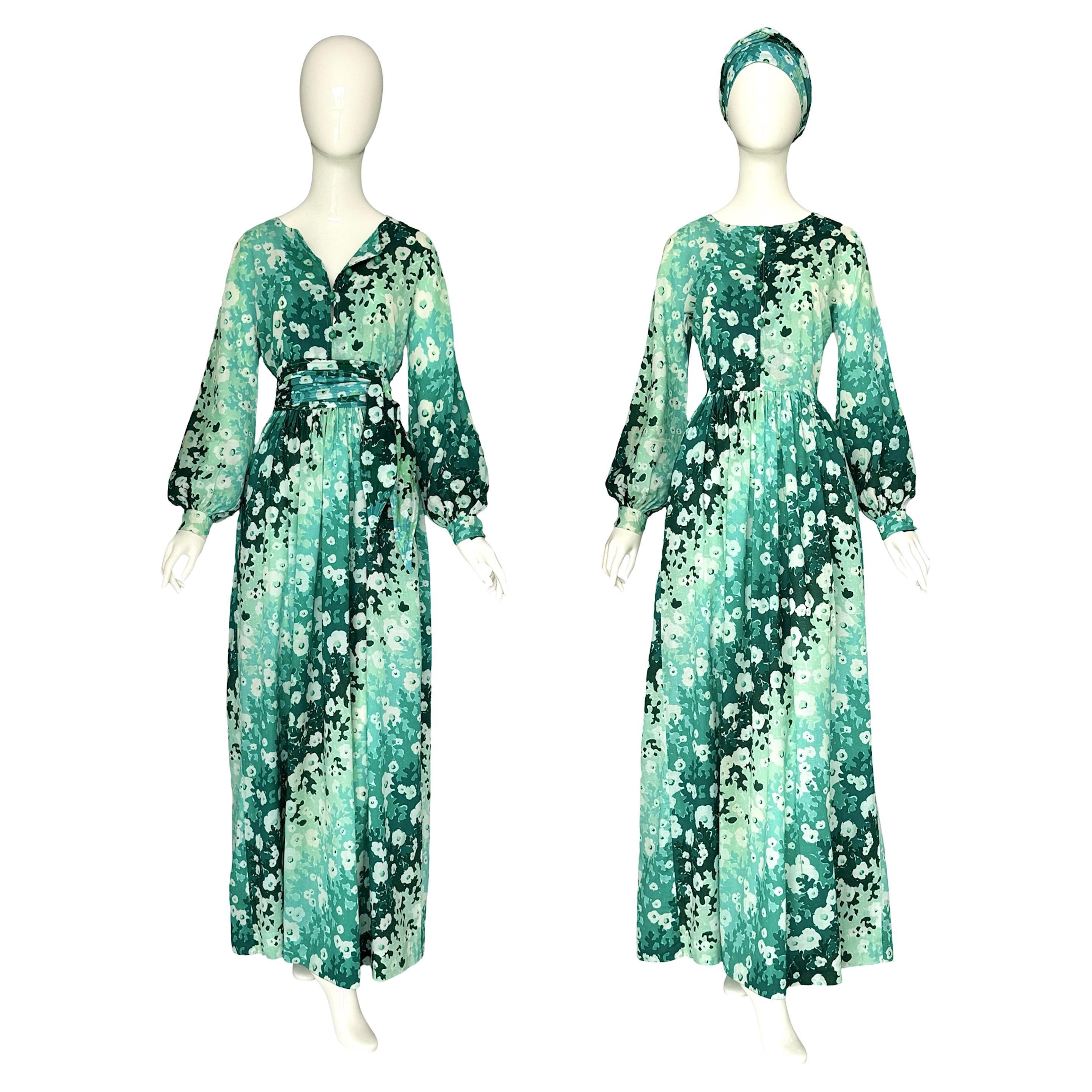 Balenciaga Vintage 80s Green Fowers Print Cotton/Silk Boho Dress & Matching Belt For Sale