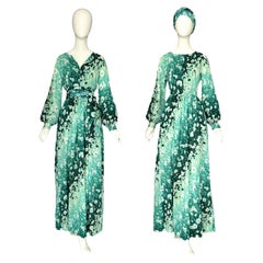 Greene & Greeneene Vintage 80s Green Fowers Print Cotton/Silk Boho Dress & Matching Belt