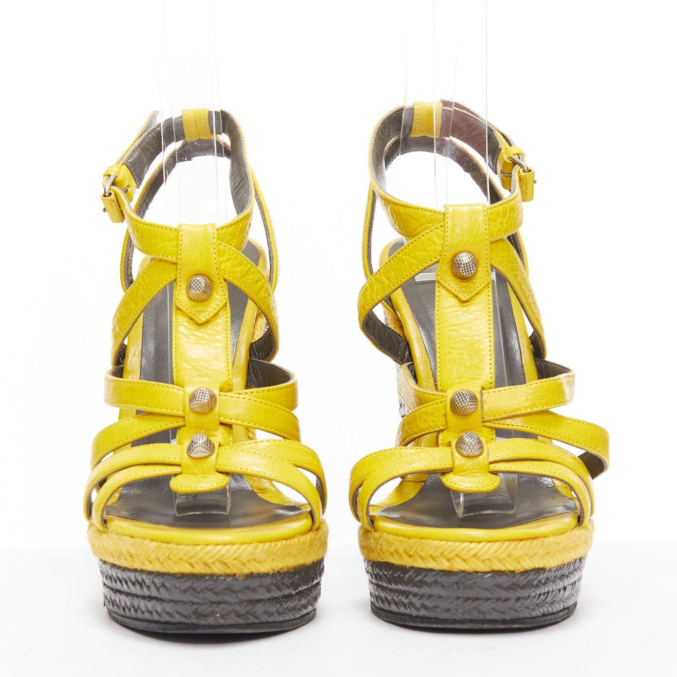Yellow BALENCIAGA Vintage Arena yellow studded grey espadrille wedge heel EU38 For Sale